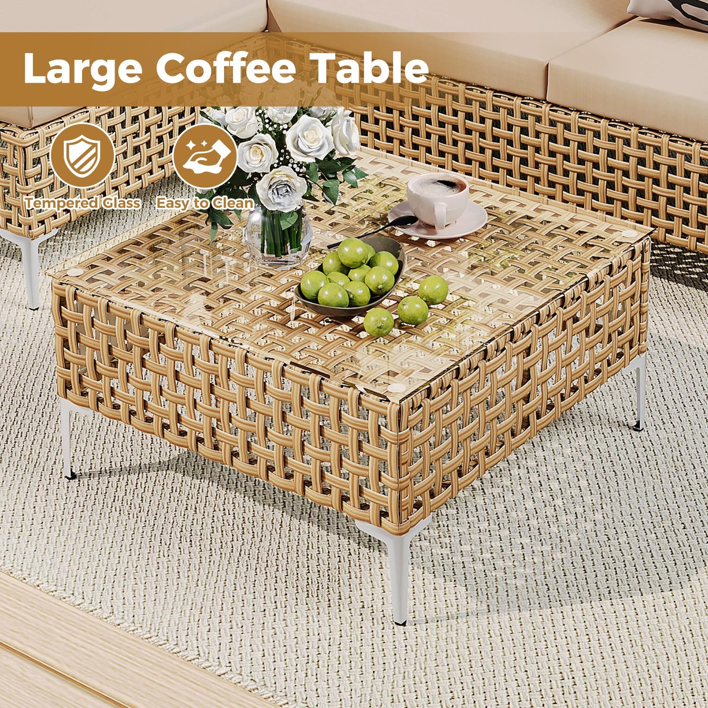 JHSDFOUIH 7-Piece Patio Furniture Set, Outdoor Sectional Sofa with Coffee Table & Thick Cushions, All-Weather PE Wicker Conversation Set for Garden, Deck, Backyard, Beige