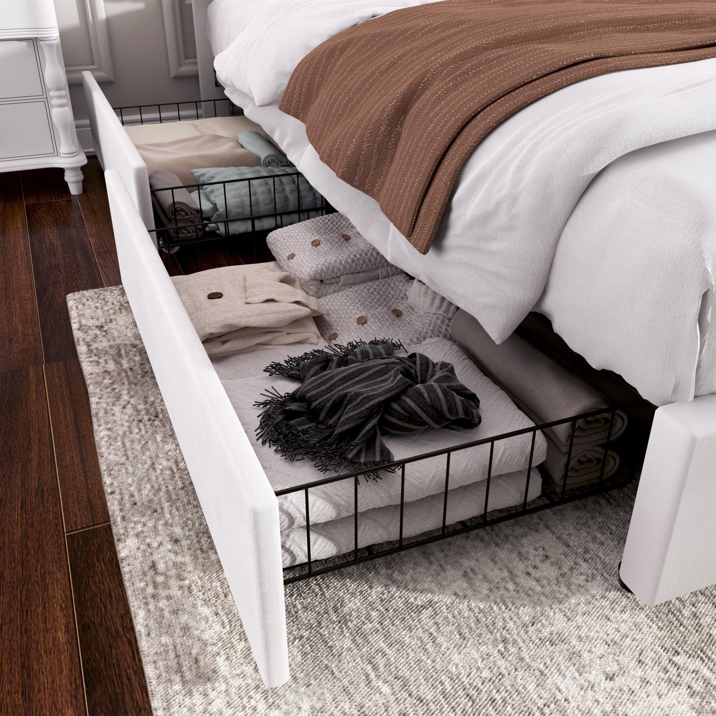 VECELO King Size Upholstered Platform Bed Frame with 4 Storage Drawers, Adjustable Velvet Rivet Decor Headboard, Wooden Slats Support, No Box Spring Needed, Easy Assembly