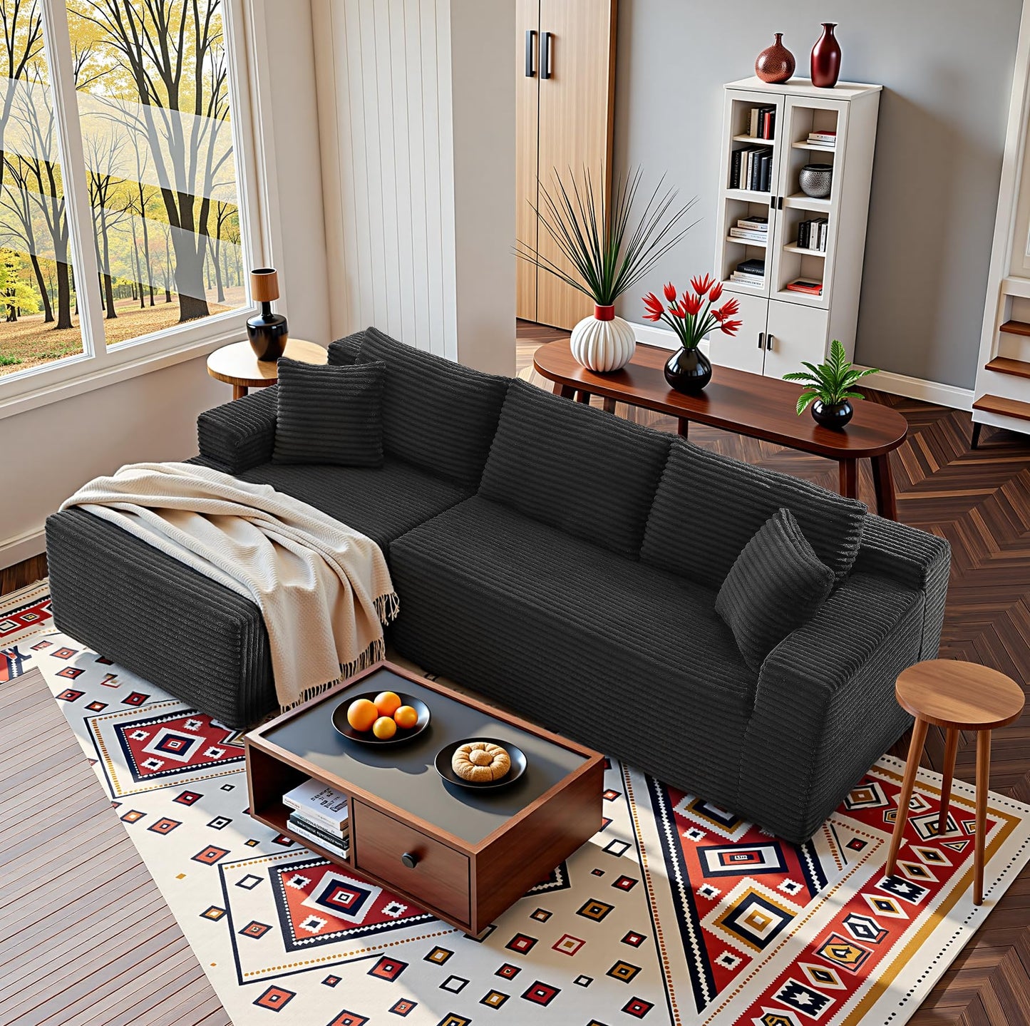 ivoros Sectional Couch with L-Shape Chaise, 103" Modular Sectional Sofa with Deep Seat, Modern Corduroy Couch, Lazy Compression Sofa for Living Room, No Assembly Required, Left, Black
