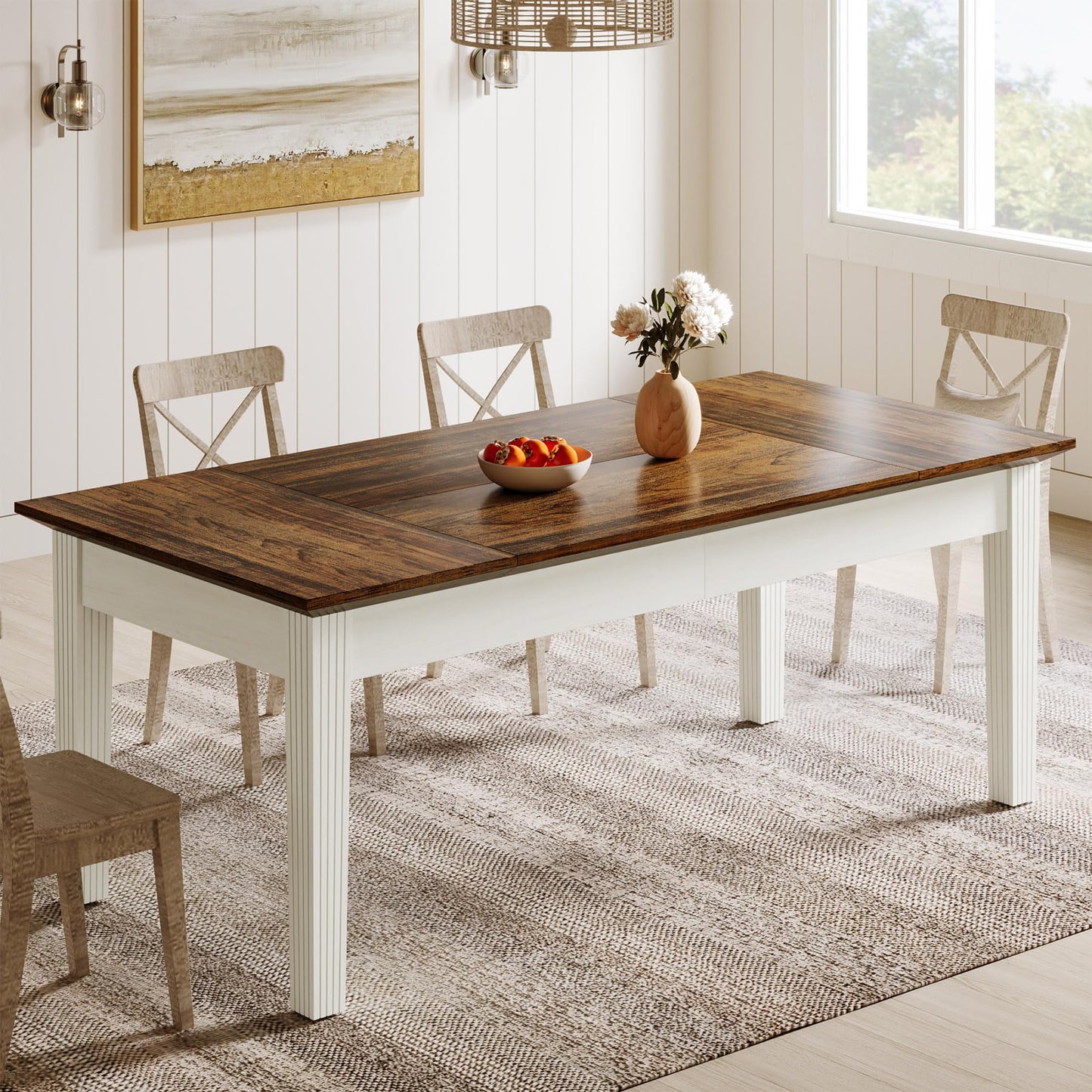 Tribesigns Dining Table for 4-6 People, 62-Inch Rectangular Kitchen Table with Solid Wood Legs, Modern Farmhouse Dinner Table for Dining Room, Kitchen, Living Room, Rustic Brown & Cream White