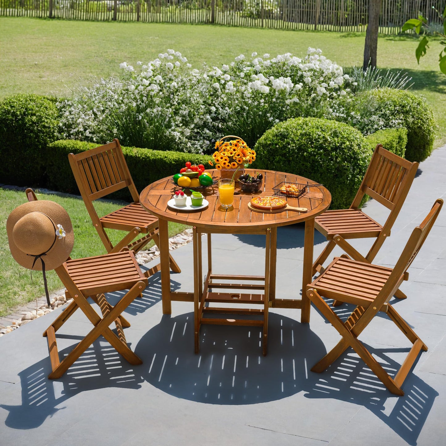 Devoko 5 PCS Patio Furniture, Patio Dining Set Acacia Wood Outdoor Table and Chairs, with 4 Folding Chairs and 37" Round Movable Table, Outdoor Dining Set for Lawn, Balcony, Garden (Light Brown)