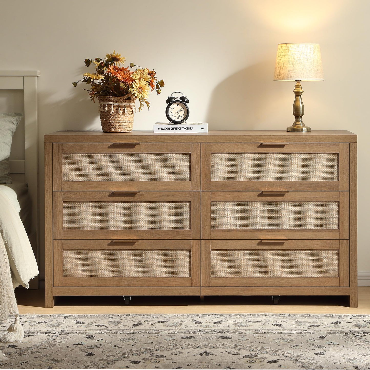 SICOTAS Rattan Dresser for Bedroom, 56.9" Wide 6 Drawer Dresser with Ample Storage, Dressers Large Chest of Drawers, Closet, Boho TV Stand for Bedroom (Reclaimed Caramel Oak, 1 Piece)