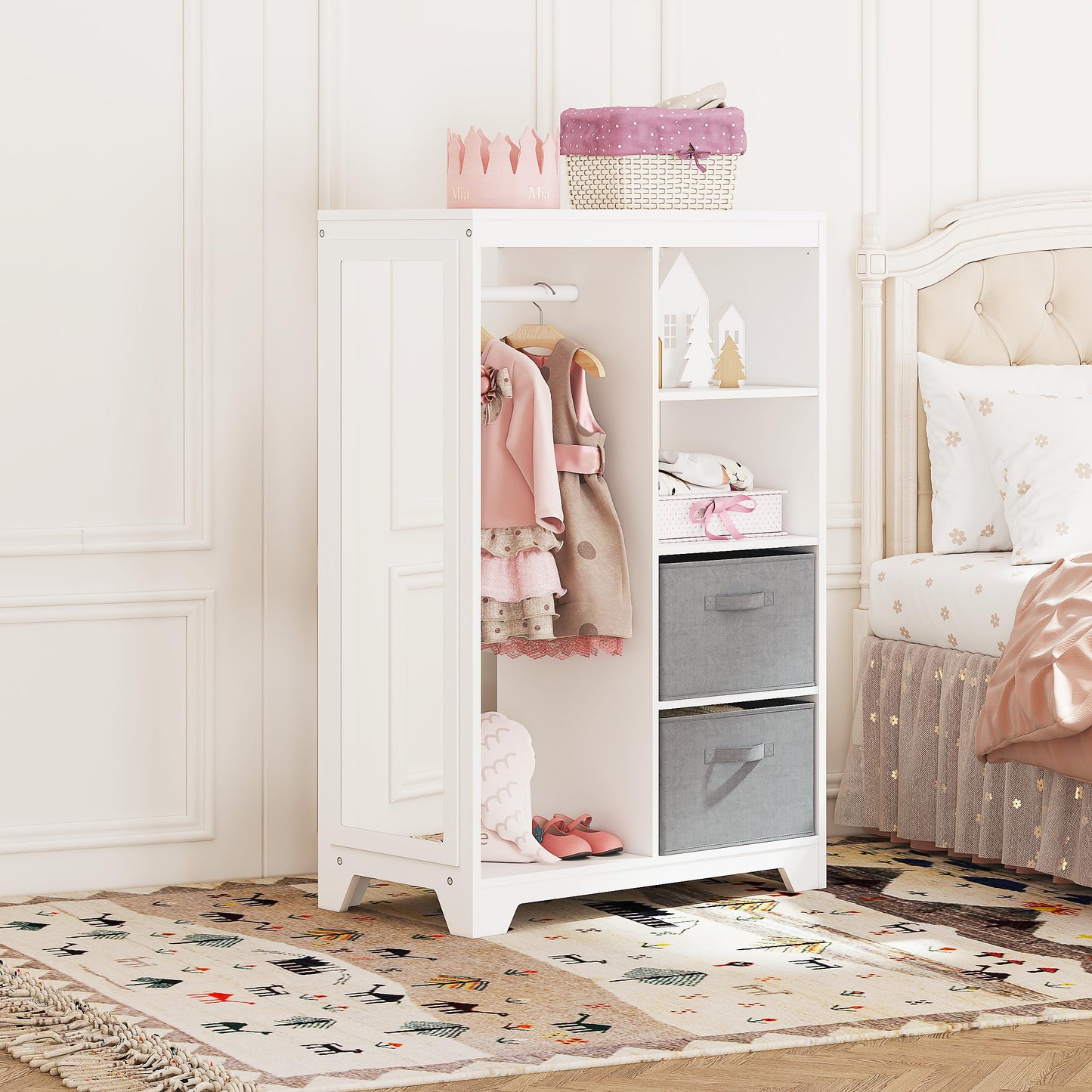 UTEX Kids Dress Up Storage with Full Length Mirror, Kids Armoire with 2 Storage Bins, Opening Hanging Costume Closet Wardrobe for Kids, Pretend Storage Closet Armoire Dresser for Kids Room