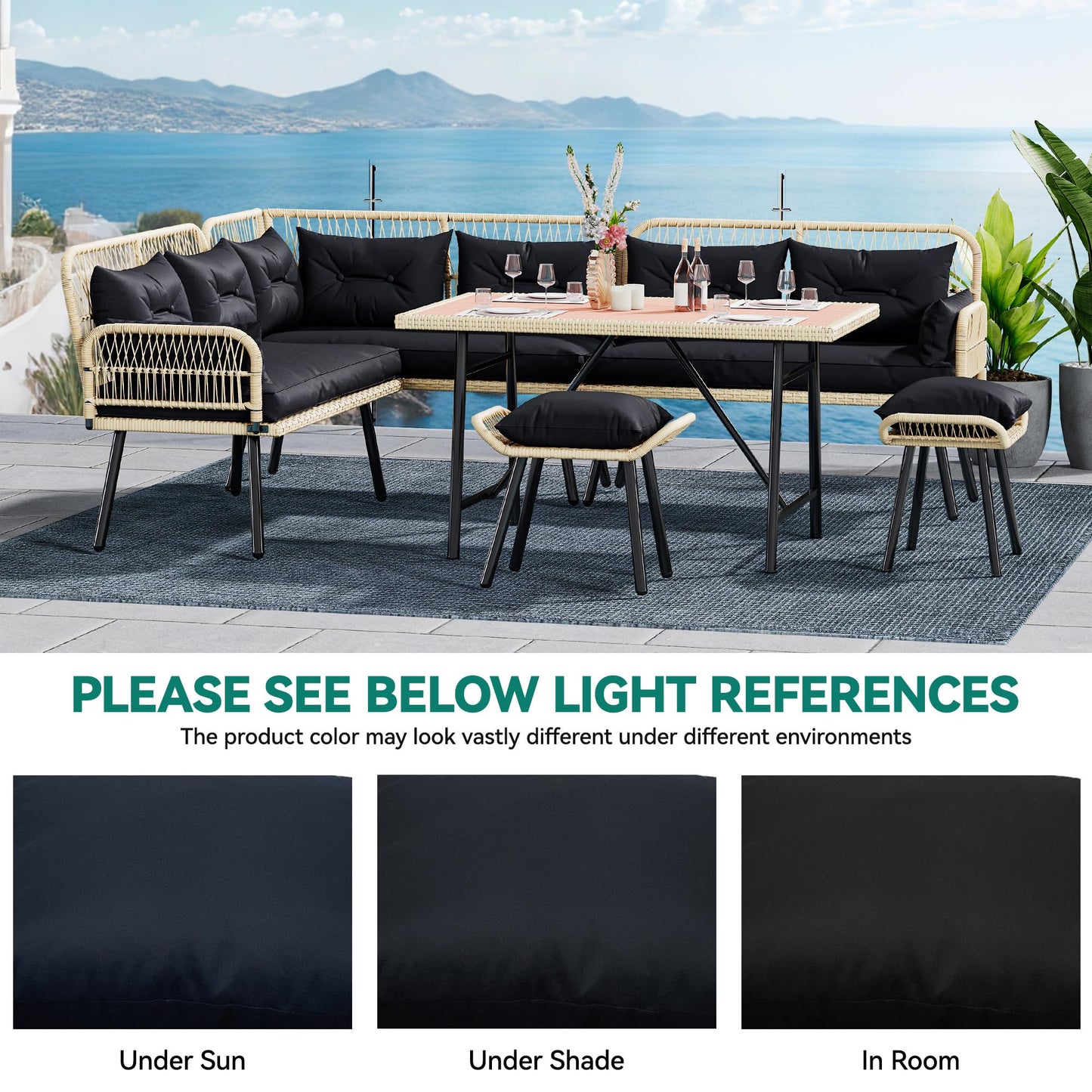 YITAHOME Patio Wicker L-Shaped Furniture Set, All-Weather Rattan Outdoor Conversation Sofa Set for Backyard Deck with Soft Cushions,Ottomans and Plastic Wood Dining Table (Light Brown+Black)