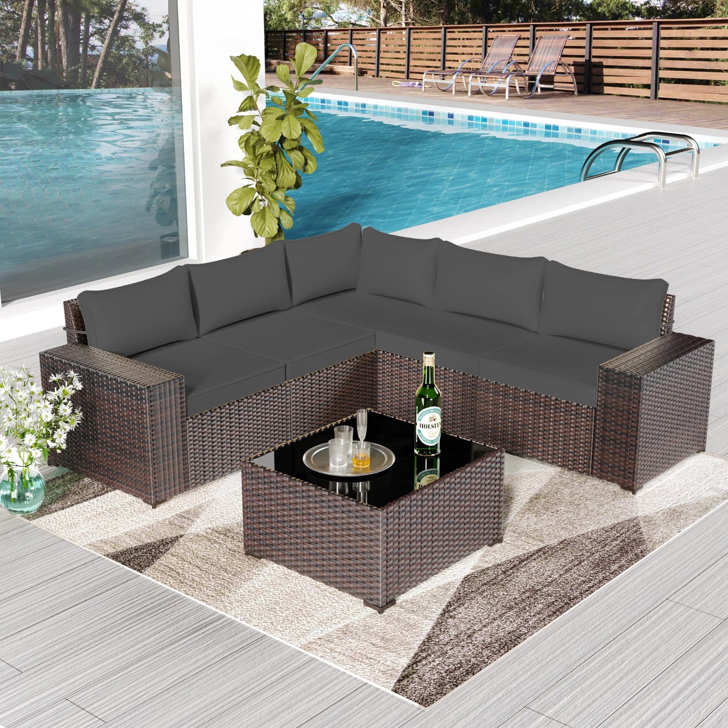 RTDTD Outdoor Patio Furniture Set, 6 Pieces Outdoor Furniture All Weather Patio Sectional Sofa PE Wicker Modular Conversation Sets with Coffee Table,5 Chairs & Seat Clips (Grey)