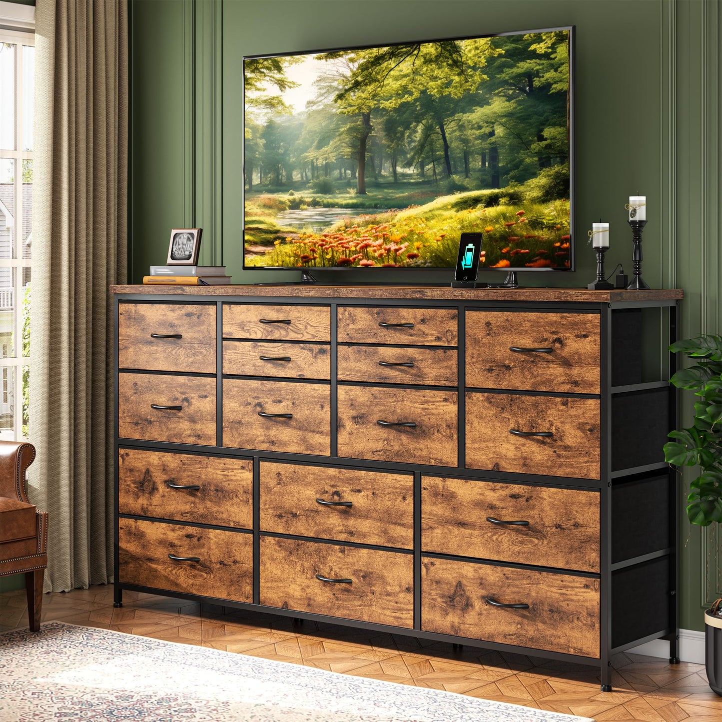 Romorgniz Dresser for Bedroom with 16 Fabric Drawers Long Dresser with Charging Station TV Stand for 60" TV Dressers & Chest of Drawers for Bedroom, Living Room, Closet, Rustic Brown