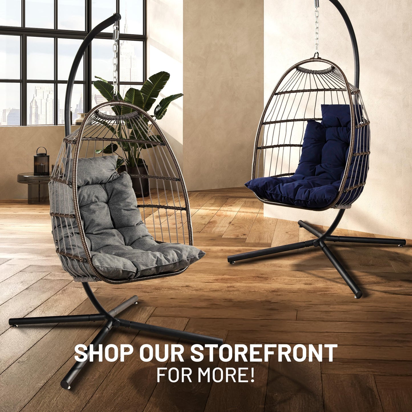 SereneLife Foldable Rattan Wicker Egg Chair Hanging Swing with Stand Waterproof Cushion and Headrest for Indoor Living Room Bedroom Patio Porch Balcony Garden Outdoor Use Deep Blue 350 lb Capacity