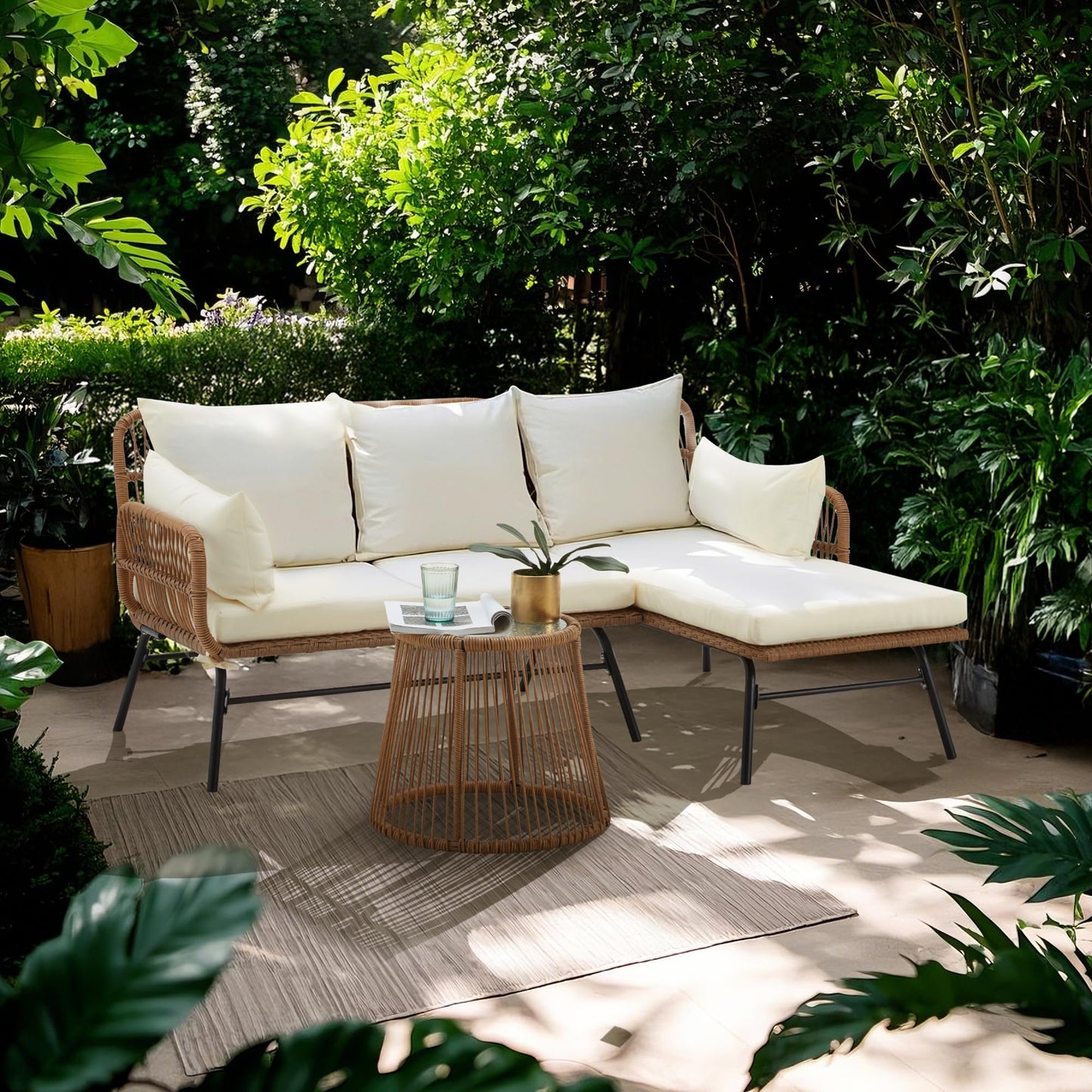 Bezseller 3-Piece Outdoor Patio Furniture Set – L-Shaped Rattan Sectional Sofa with Detachable Lounger, Glass Coffee Table & 4" Cushions – All-Weather PE Wicker for Backyard, Porch, Poolside