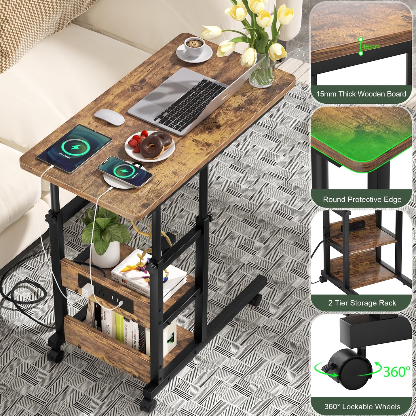 C Shaped End Table Height Adjustable - Couch Side Table with Charging Station, TV Tray with Wheels Slide Under Sofa for Small Spaces, Living Room Bedroom, Rustic Brown