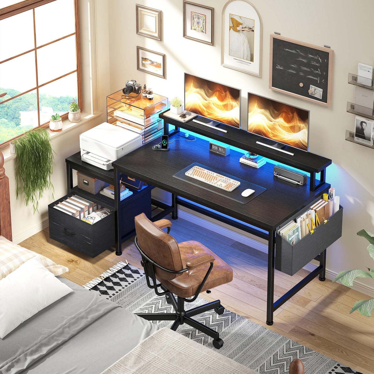 Gaming Desk with Power Outlets and LED Lights,57" Computer Desk with Drawers and Printer Space,Office Desk with File Drawers Cabinet,Gaming Table with Shelves Monitor Stand,Living Room,Bedroom,Black