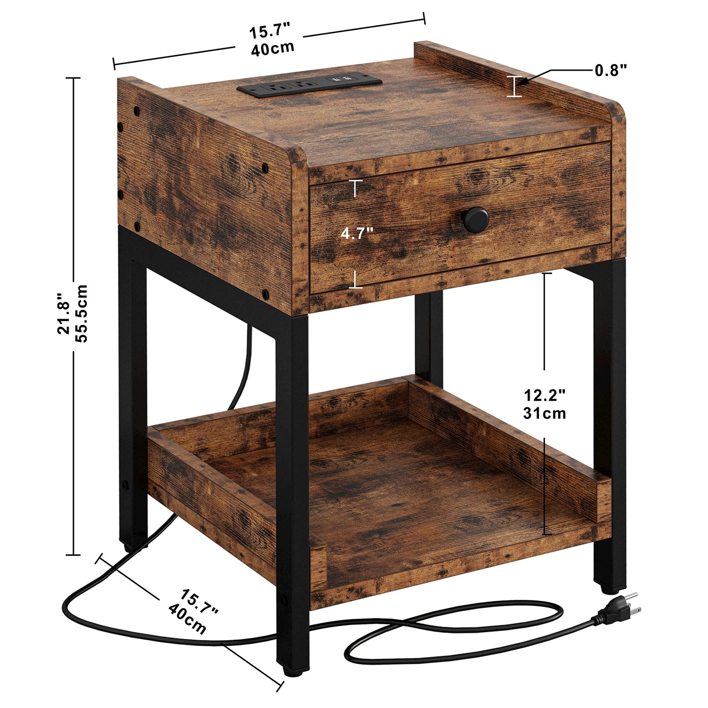 LIKIMIO Nightstand, Set of 2 Bedside Table with Charging Station, Small End Table with Storage Drawer and Shelf for Bedroom and Living Room, Easy Assembly, Stable and Sturdy, Vintage Brown
