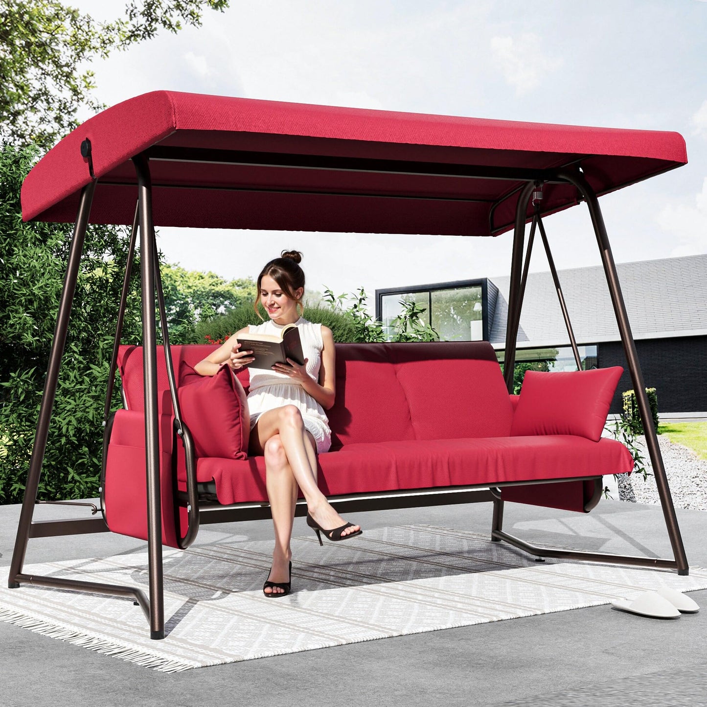 LUTINLIX 3-4 Person Oversized Outdoor Porch Swing with Adjustable Backrest Canopy,2-in-1 Swing Bed 800 lbs Capacity,Patio Swing with Removable Cushions for Yard Garden Poolside Balcony