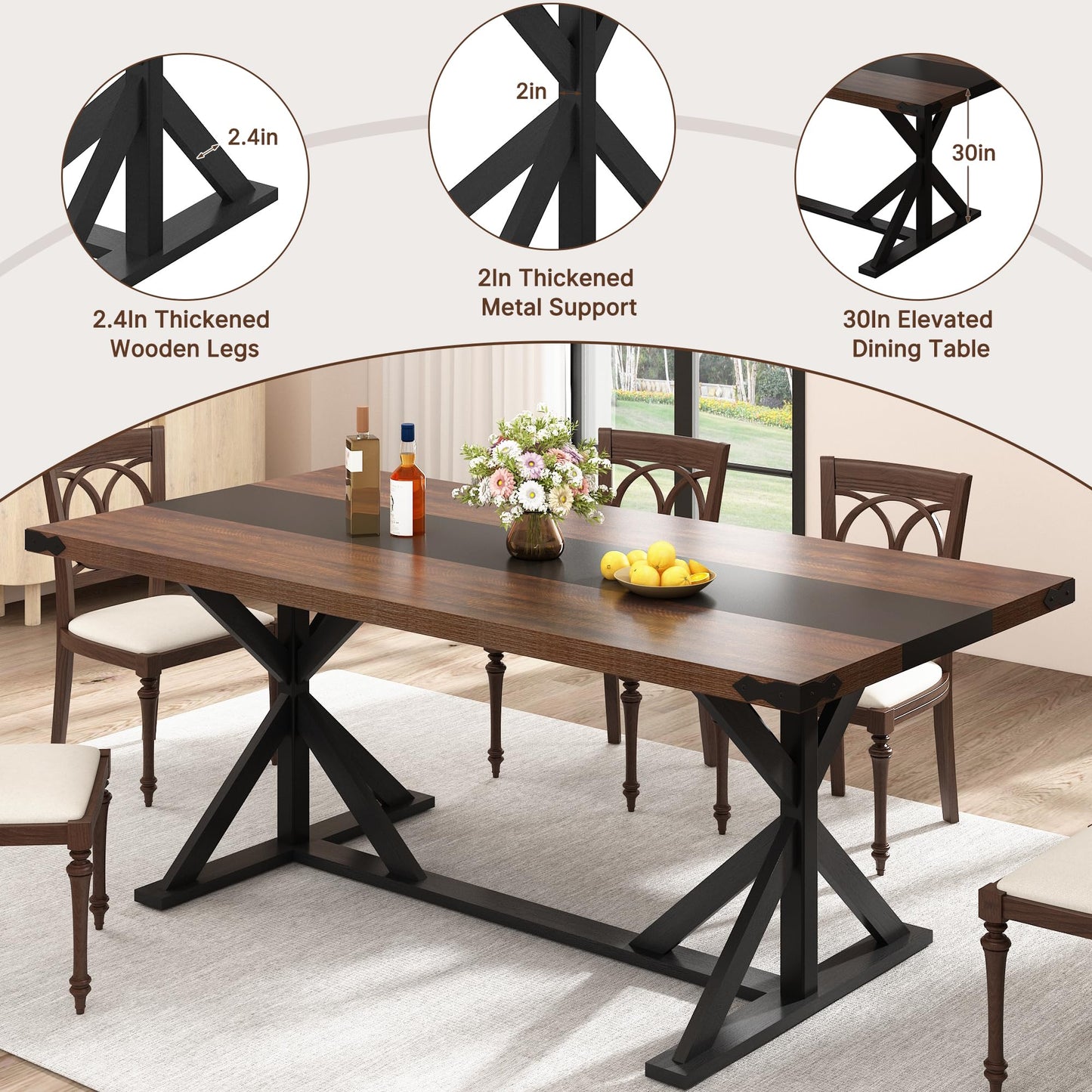 Hlivelood 71 Inch Dining Table for 6 People, Rectangular Kitchen Farmhouse Table W/Thickness Waterproof Wood Tabletop,Long Dining Room Tables W/Wood Strip Base for Kitchen Living Room(Brown&Black)