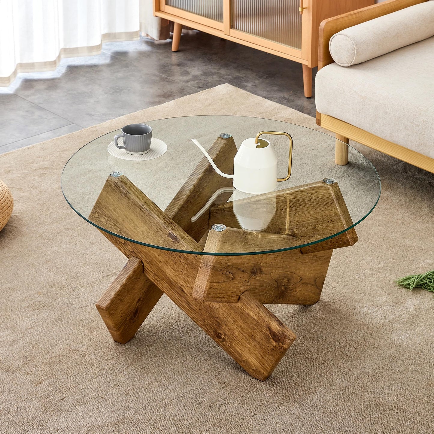 Natural Round Glass Coffee Table,33-Inch Small Modern for Living Room Clear Circle Accent Table Adapts to Farmhouse and Contemporary Decor