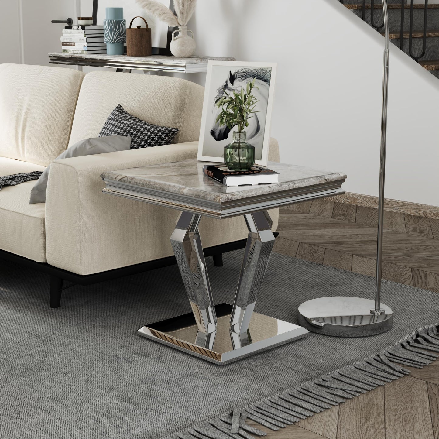 ACEDÉCOR 22" Square End Table, Silver Side Table with Graceful Grey Striped Top and Mirrored Diamond Shaped Base, Heavy Duty Corner Table for Living Room, Sofa, Couch