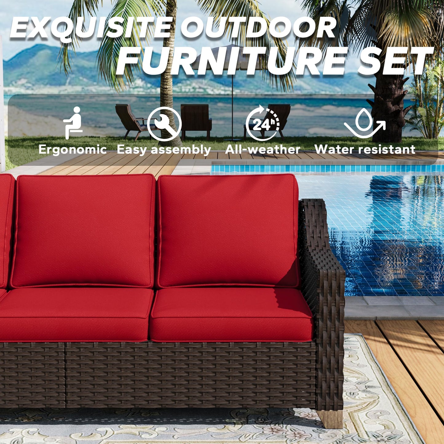 MeetLeisure 77'' Patio Sofa, All Weather Outdoor Rattan Wicker 3-Seat Sofa High Back Couch with Premium Cushions for Garden Backyard Porch(Brown/Red)