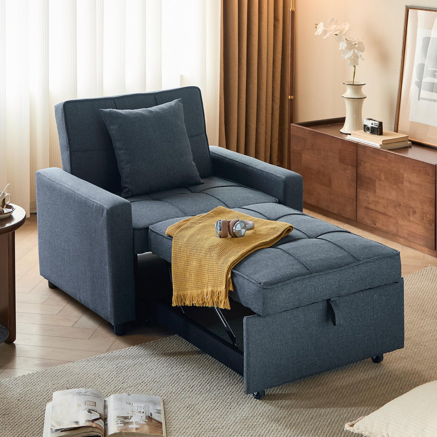 Yosonch Sofa Bed Chair Convertible ，Sleeper Sofa with Pull-Out Bed ，3-in-1 Futon Couch with Reclining Backrest and Side Pocket (Blue, 35.6‘)
