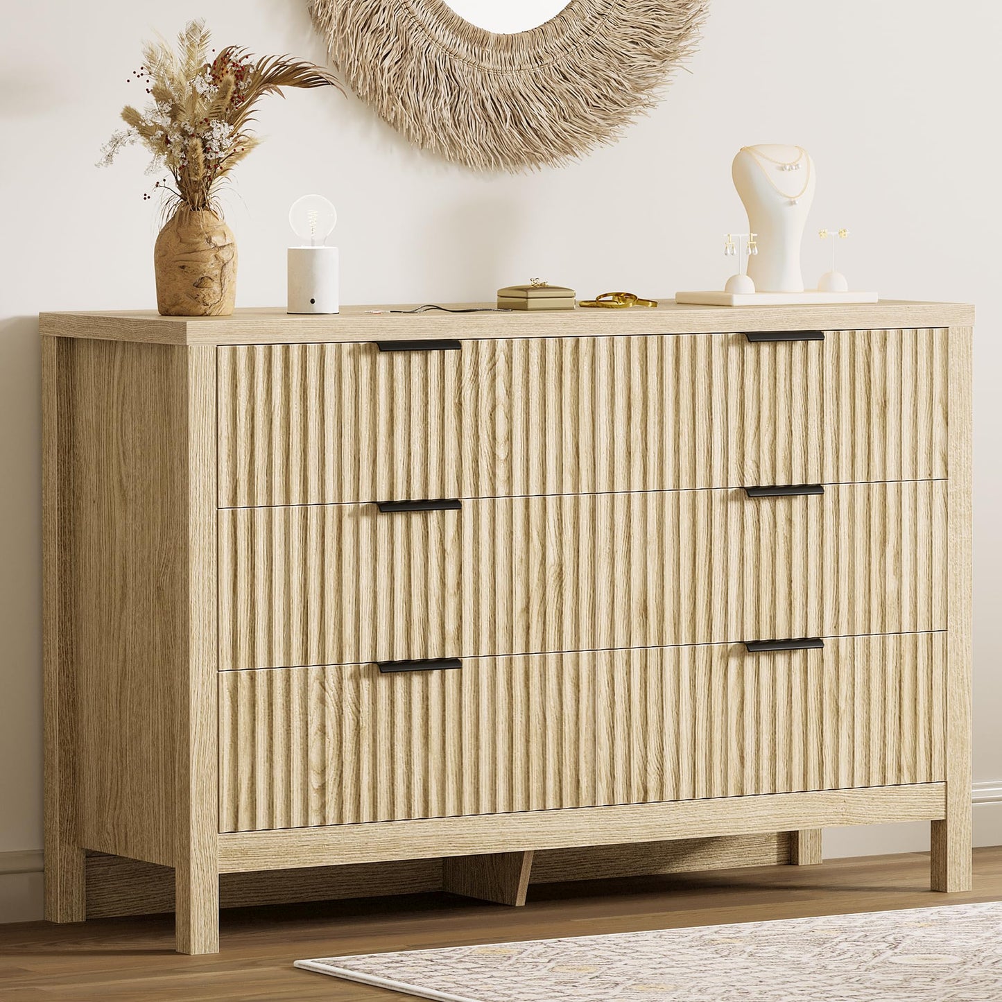 LIKIMIO Fluted 6 Drawers Dresser for Bedroom, 47" Wide Modern Chest of Drawers Closet Dressers, Wooden Dresser Storage Organizer for Living Room, Entryway, Hallway, Natural Oak