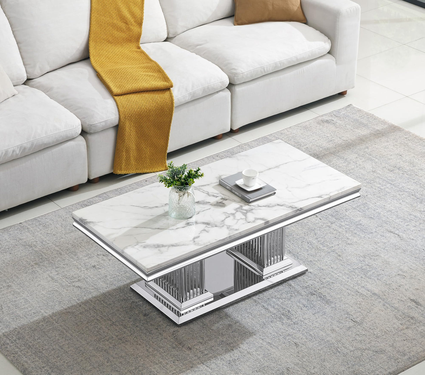 SSLine Modern 1 Piece Living Room Coffee Table Luxury Faux Marble Coffee Table with II-Shape Stainless Steel Base for Living Room Bedroom Home Office, Only 1 Coffee Table,White Marble& Silver