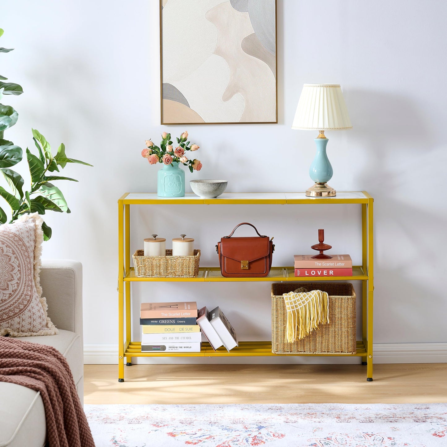 Hoctieon Gold Console Table, 3 Tier Entryway Table, Hallway Table, Narrow Sofa Table with Shelves, Entrance Table for Entryway, Gold and White