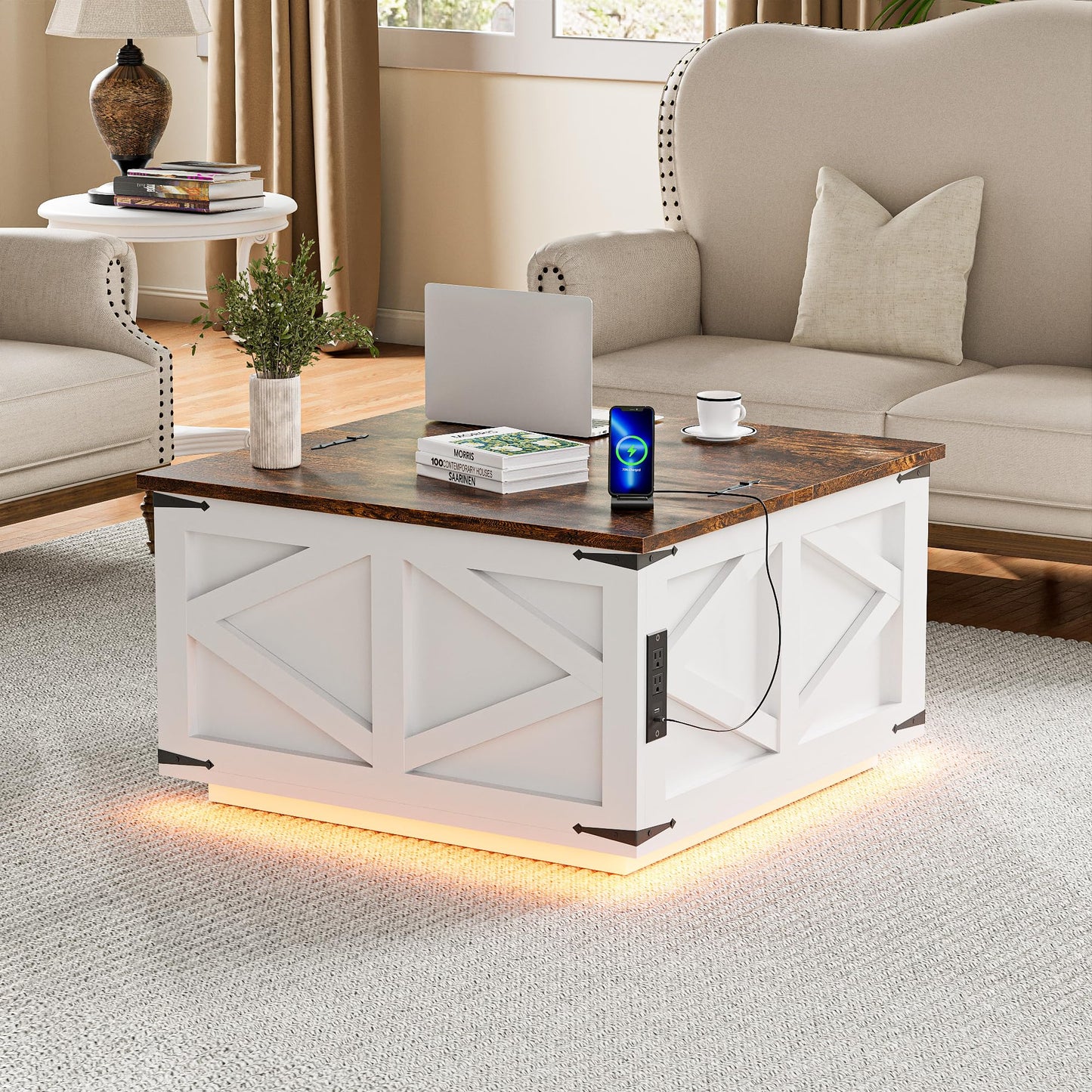 Ztexkee Lift Top Coffee Table with Storage, Farmhouse Coffee Table with Socket and LED Light 31.5" Square Center Table with Large Hidden Storage Compartment for Living Room, Bedroom Brown White