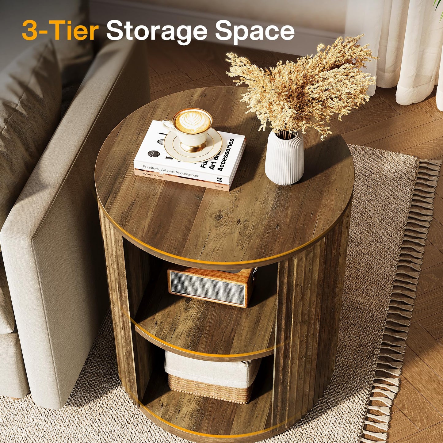 Tribesigns Round Fluted End Table, Farmhouse Round Side Table with 3-Tier Storage Shelf, Circle Bedside Nightstand for Living Room, Bedroom, Small Spaces, Rustic Brown