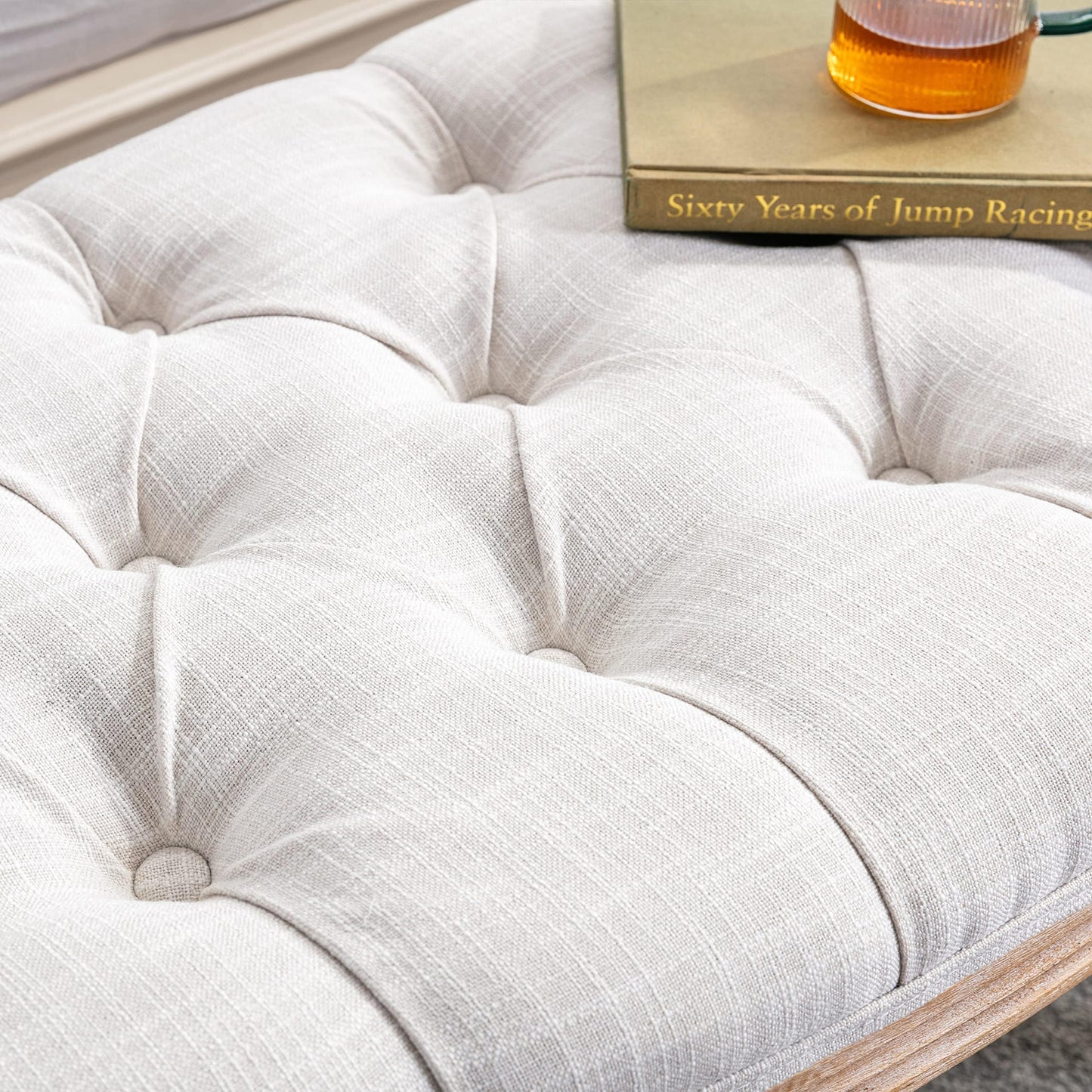 chairus Linen Halfmoon Entryway Bench 55" Button Tufted Semi-Circle Ottoman Comfy Upholstered Seat for Bedroom/End of Bed/Mudroom/Indoor, Beige