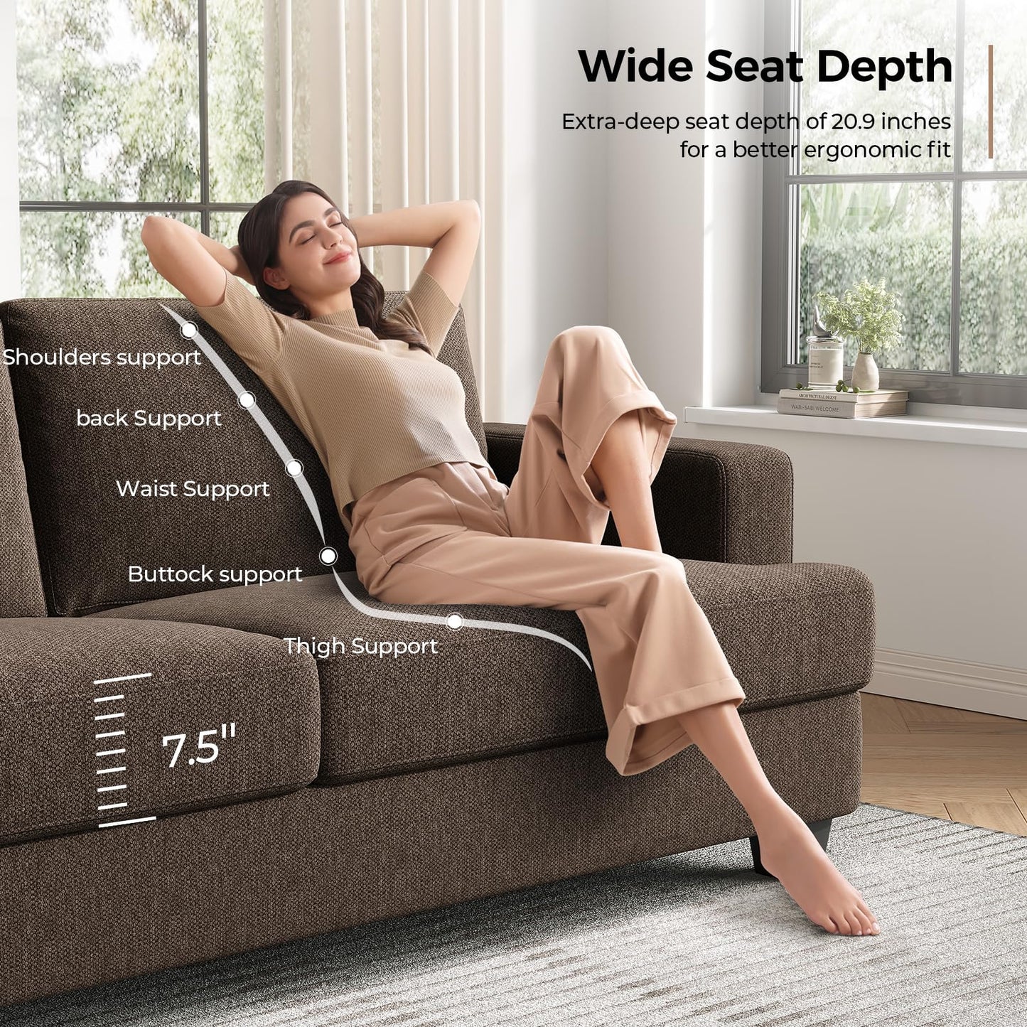 COPIAE 84 Inch Sofa with Extra Deep Seats Oversize, Linen Fabric 2 Seater Sofa for Living Room,Modern Couch and Loveseat, Comfy Armrests and Seats and Backrests, Easy Installation, Brown
