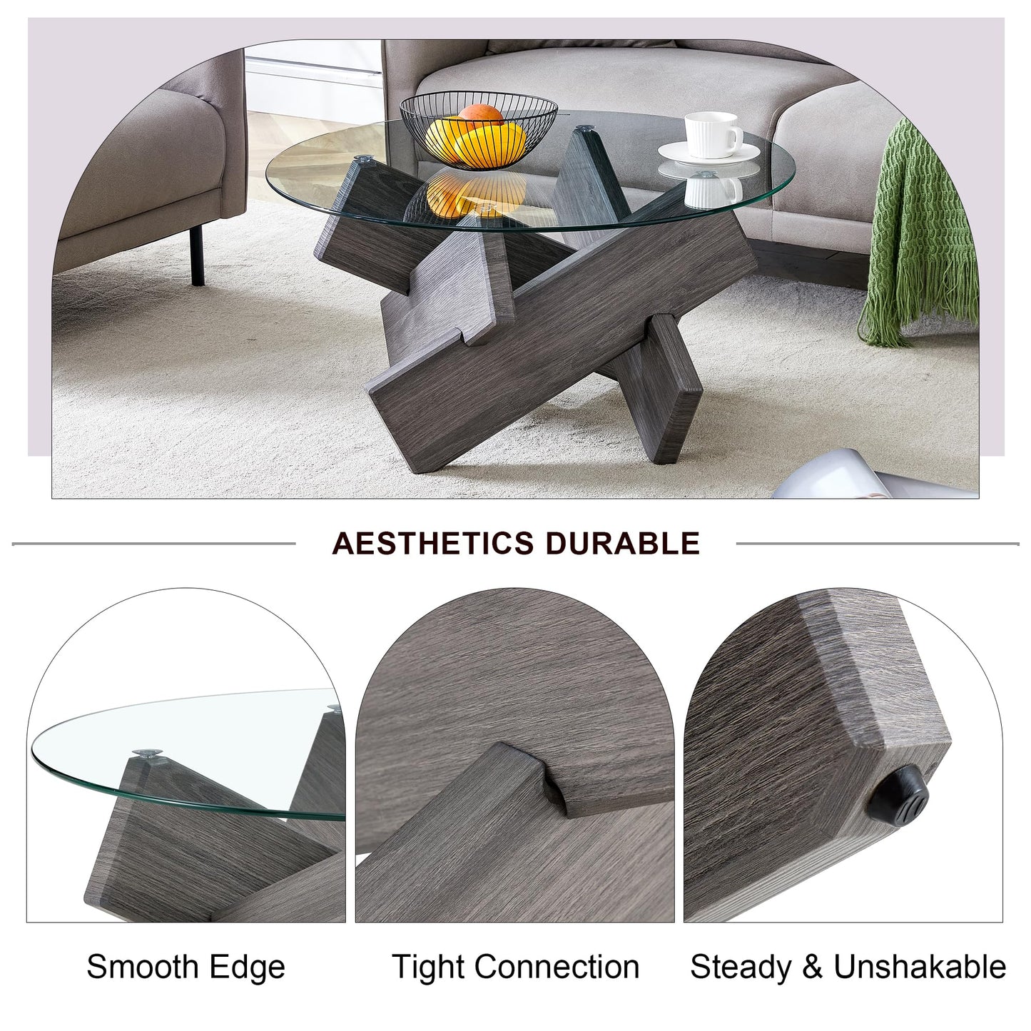 Gray Round Glass Coffee Table,33-Inch Small Modern for Living Room Clear Circle Accent Table Adapts to Farmhouse and Contemporary Decor