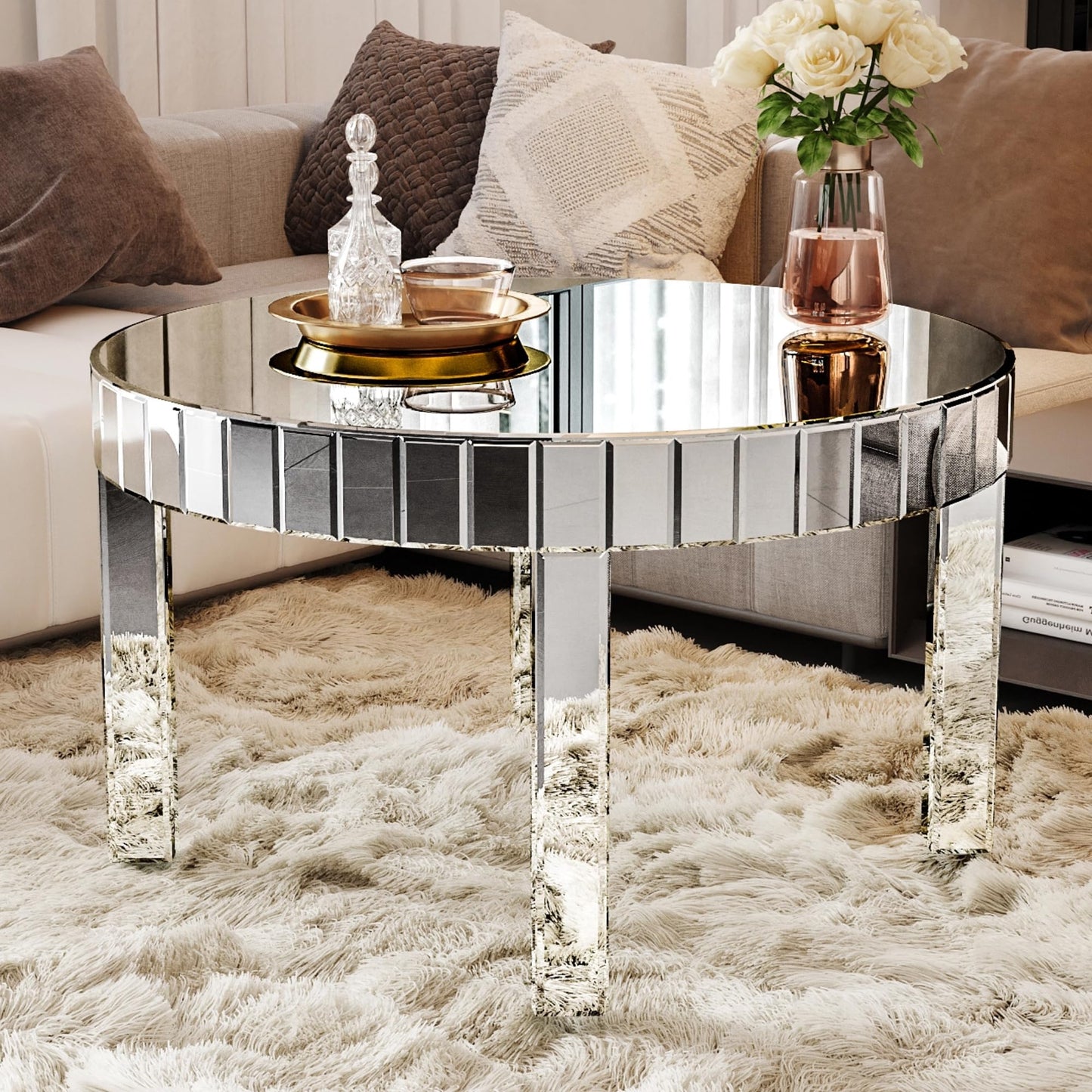 KUVADAZ Silver Mirrored Coffee Table, 31.5" Round Mirror Center Table with Starburst Mirror Mosaic Design, Modern Luxury Mirrored Furniture Glass Top Cocktail Tea Table for Living Room
