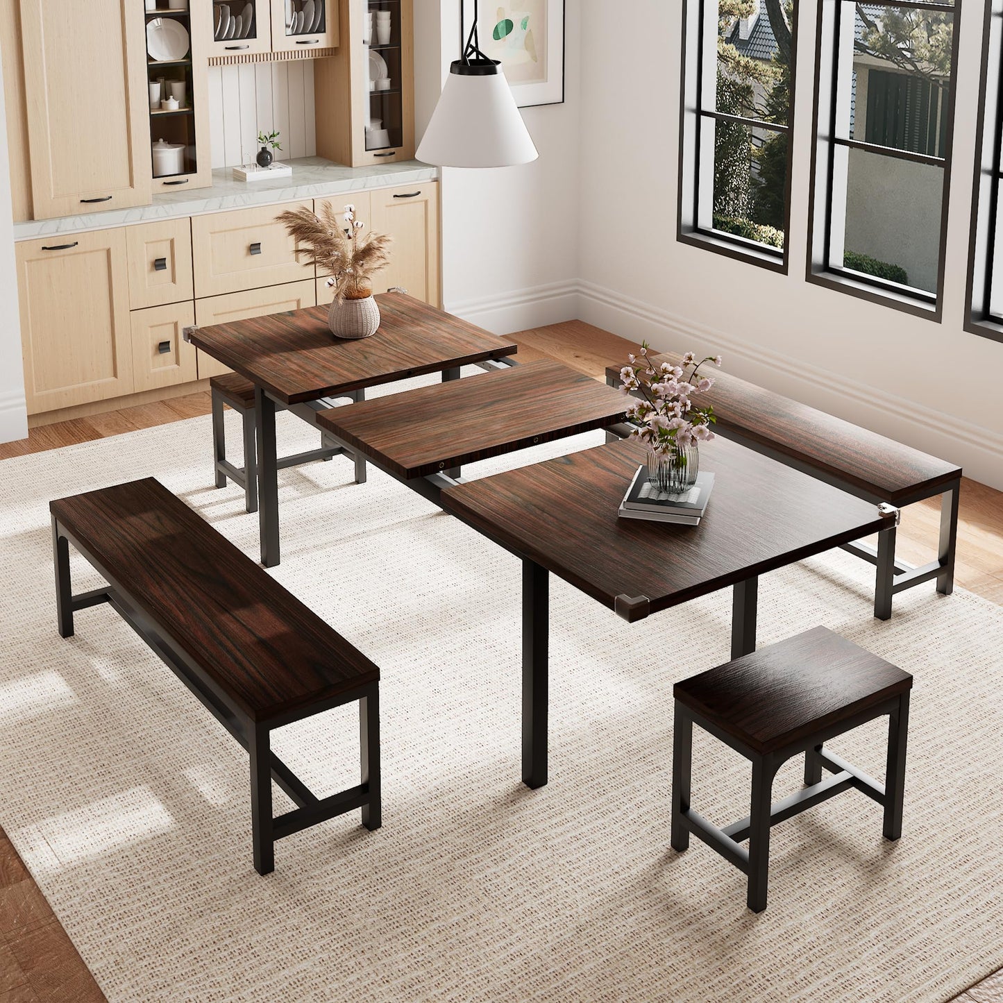 Einhomn 5 Pieces Dining Room Table Set for 4-6, 63' Extendable Kitchen Table Set with 2 Benches & 2 Stools, Small Dining Table Set with Metal Frame & MDF Board, Espresso