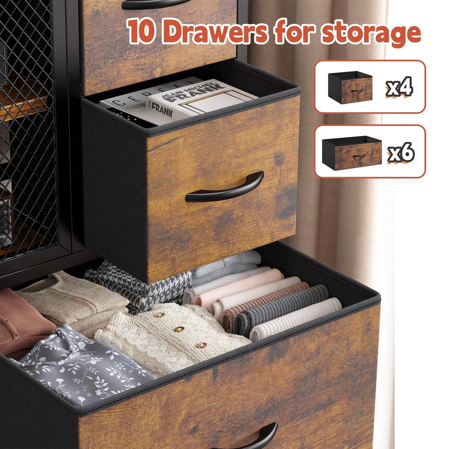 Dresser for Bedroom with Mesh Door Tall Dressers & Chests of Drawers with 10 Fabric Drawers Bedroom Dresser Organizer, Metal Frame, Wood Top, Closet, Entryway, Rustic Brown, 48.1" Hx38 Wx11.81 D
