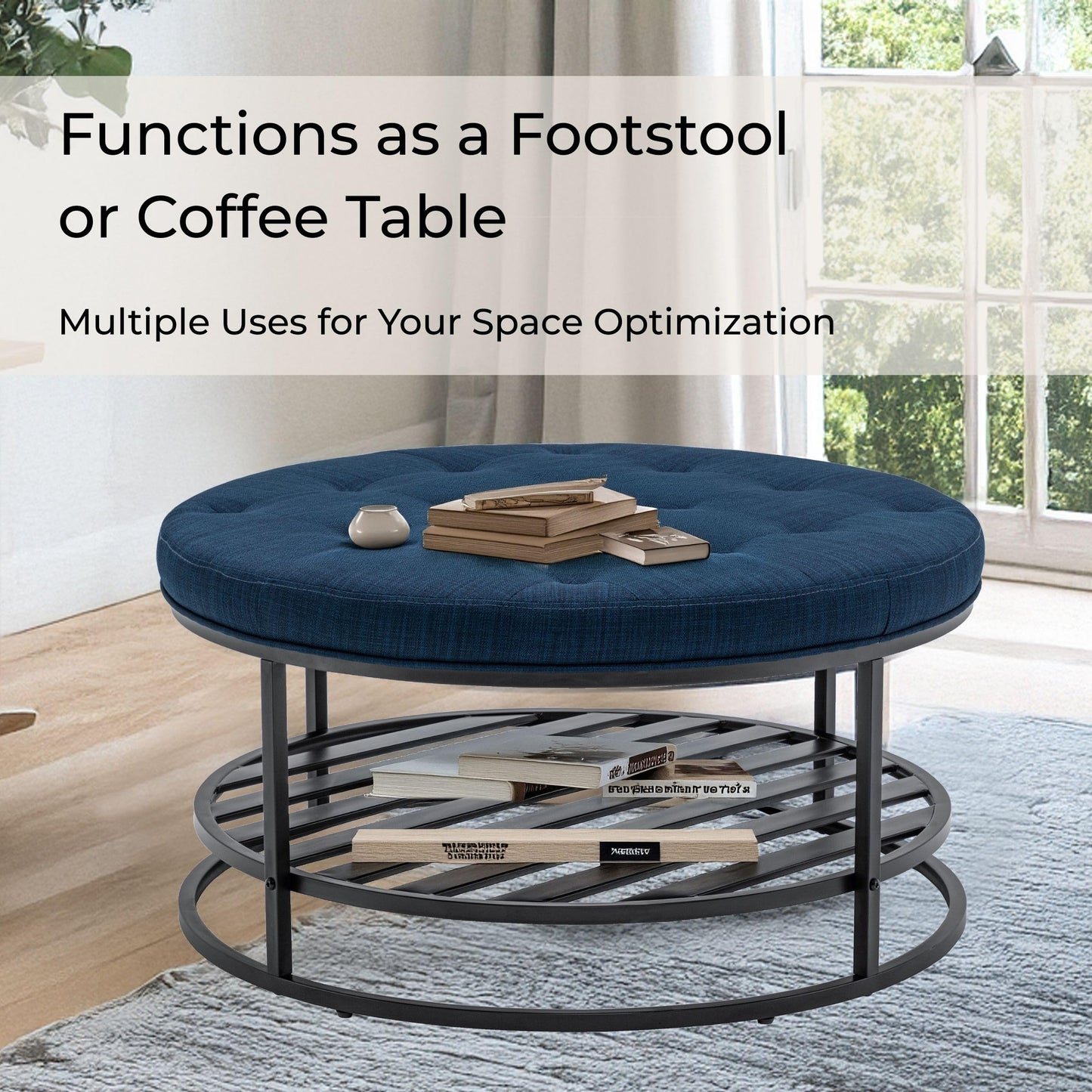 BARNUT Ottoman Coffee Tables, 36" Round Upholstered Tufted Linen Coffee Table with Metal Shelf for Living Room, Performance Fabric in Navy