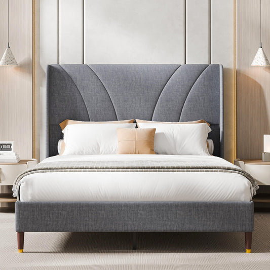 Cozy Castle Queen Bed Frame with 51.2" Tall Curved Wingback Headboard, Linen Upholstered Platform Bed, Soft Fabric/Noise-Free/Wooden Slats Support/No Box Spring Needed/Easy Assembly, Gray