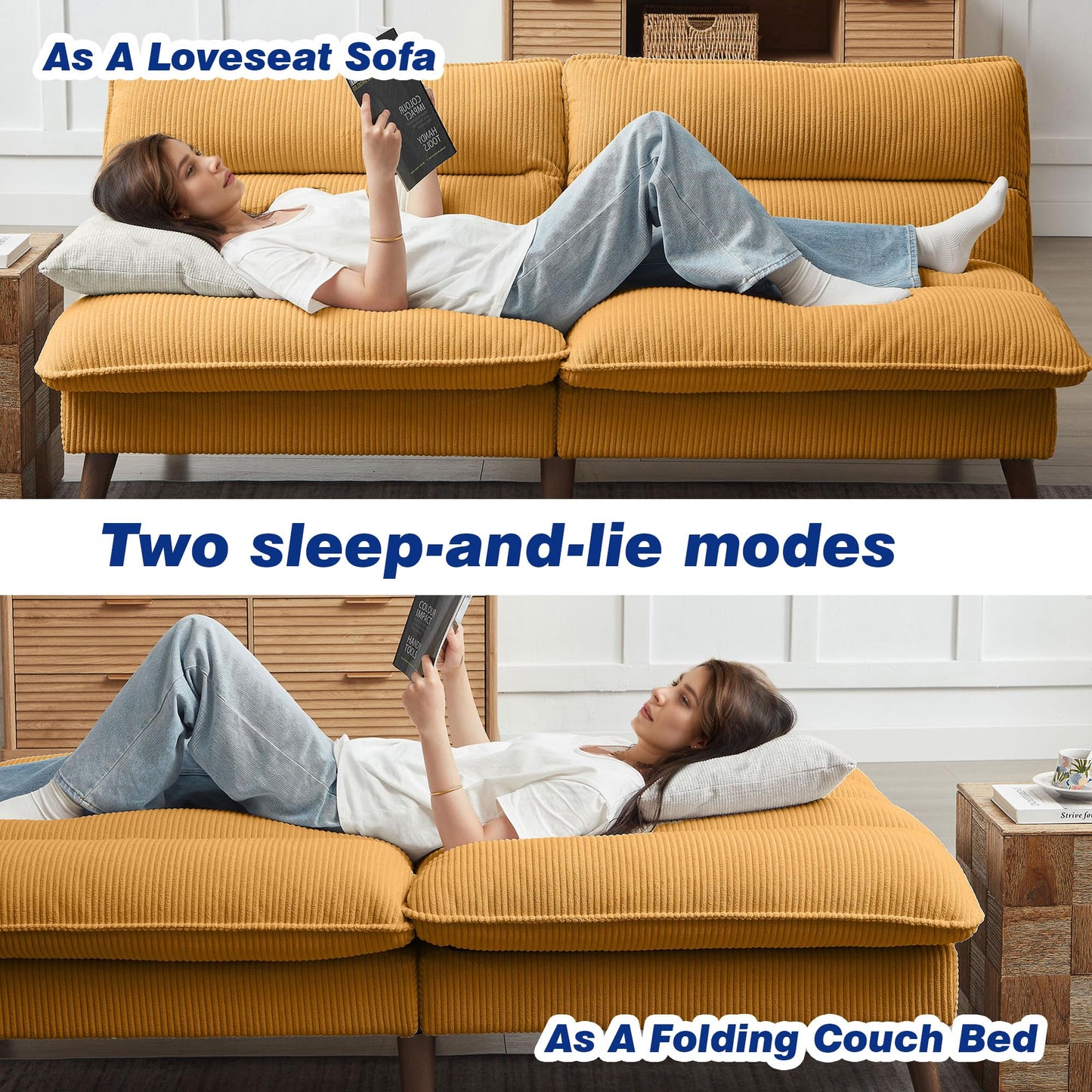 Chireca 72" Futon Sofa Bed, Convertible Futon Couch with Adjustable Backrest, Modern Corduroy Loveseat Sleeper Sofa for Small Spaces, Living Room, Office, Yellow
