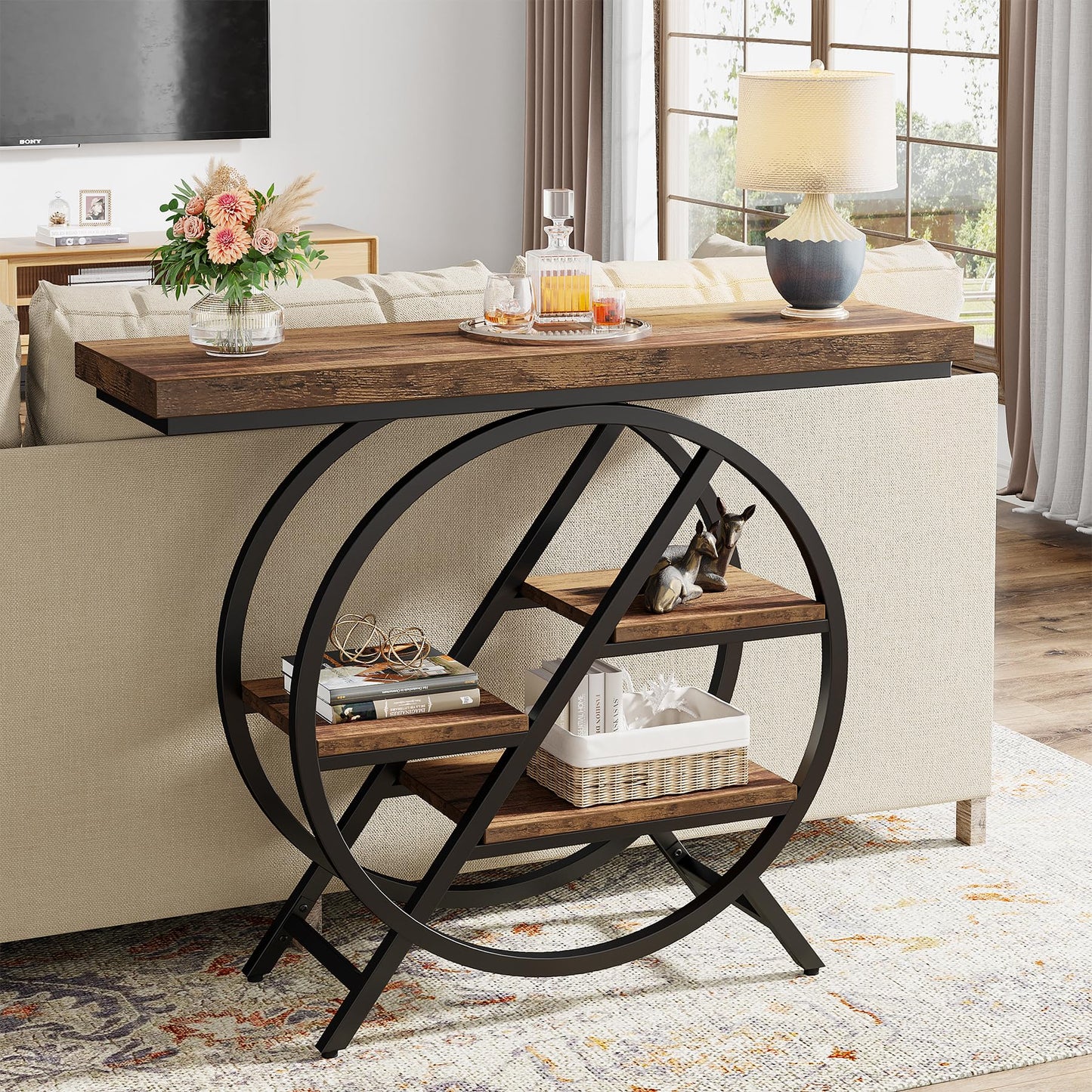 Tribesigns Console Table, 40-Inch Entryway Table with Storage Shelves, 4-Tier Industrial Hallway Sofa Table with Geometric Metal Frame, Accent Table for Living Room, Entryway, Rustic Brown