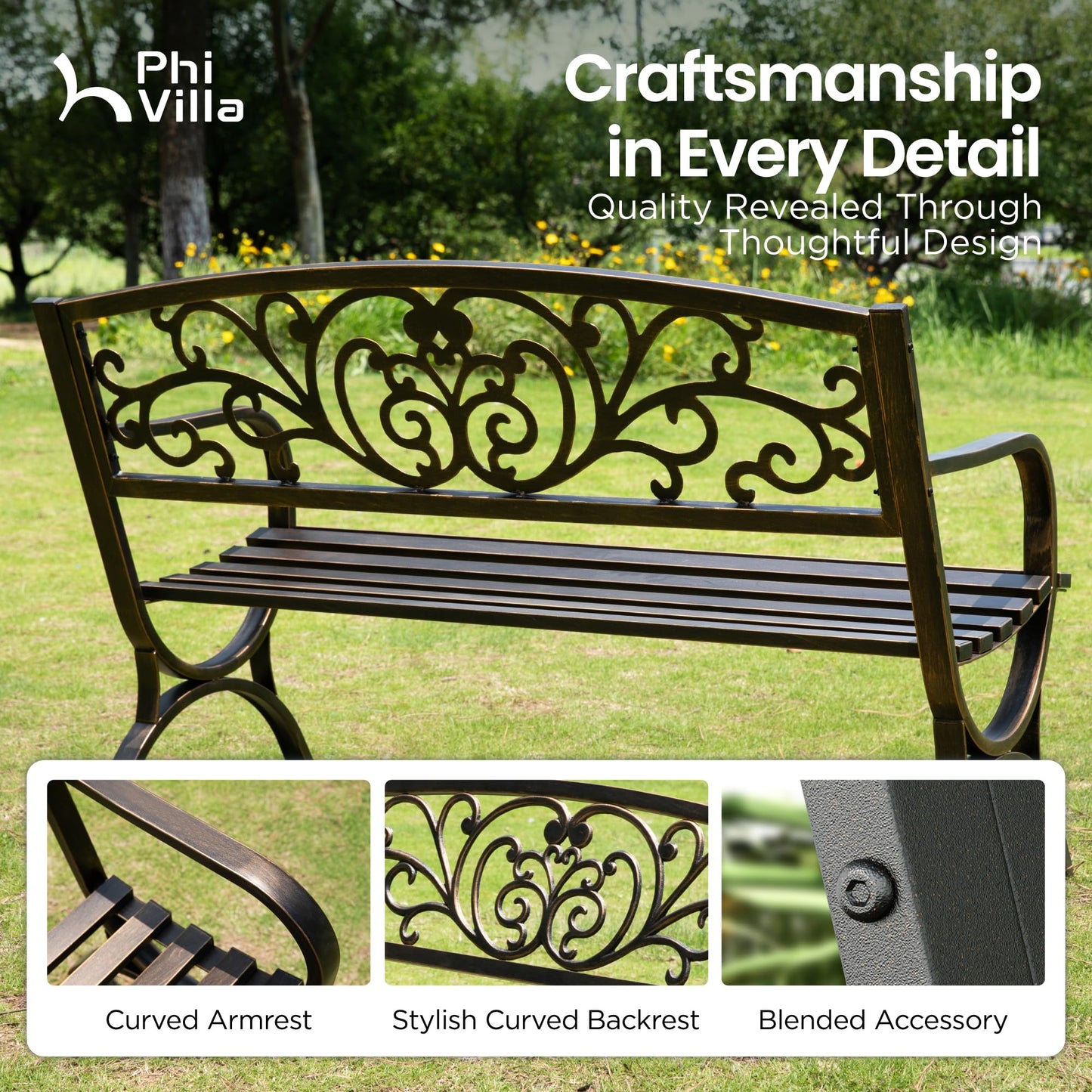 PHI VILLA 50" Garden Bench Outdoor Bench Patio Bench for Outdoors Metal Porch Steel Frame Furniture for Yard