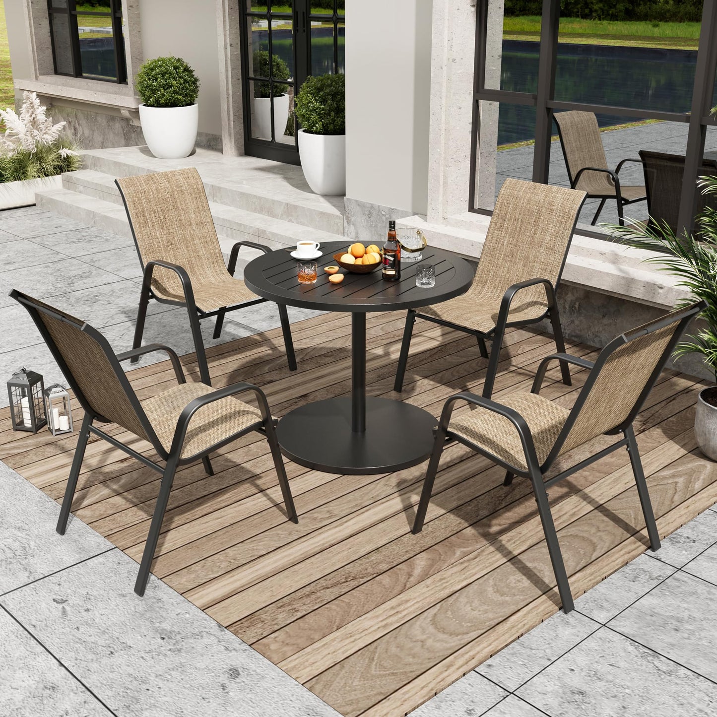 Patio Dining Chairs Set of 4 Outdoor Stackable Dining Chairs for All Weather 330lbs Capacity Heavy Duty Textilene Fabric Rustproof Metal Frame Patio Furniture for Backyard Garden Poolside (Brown)