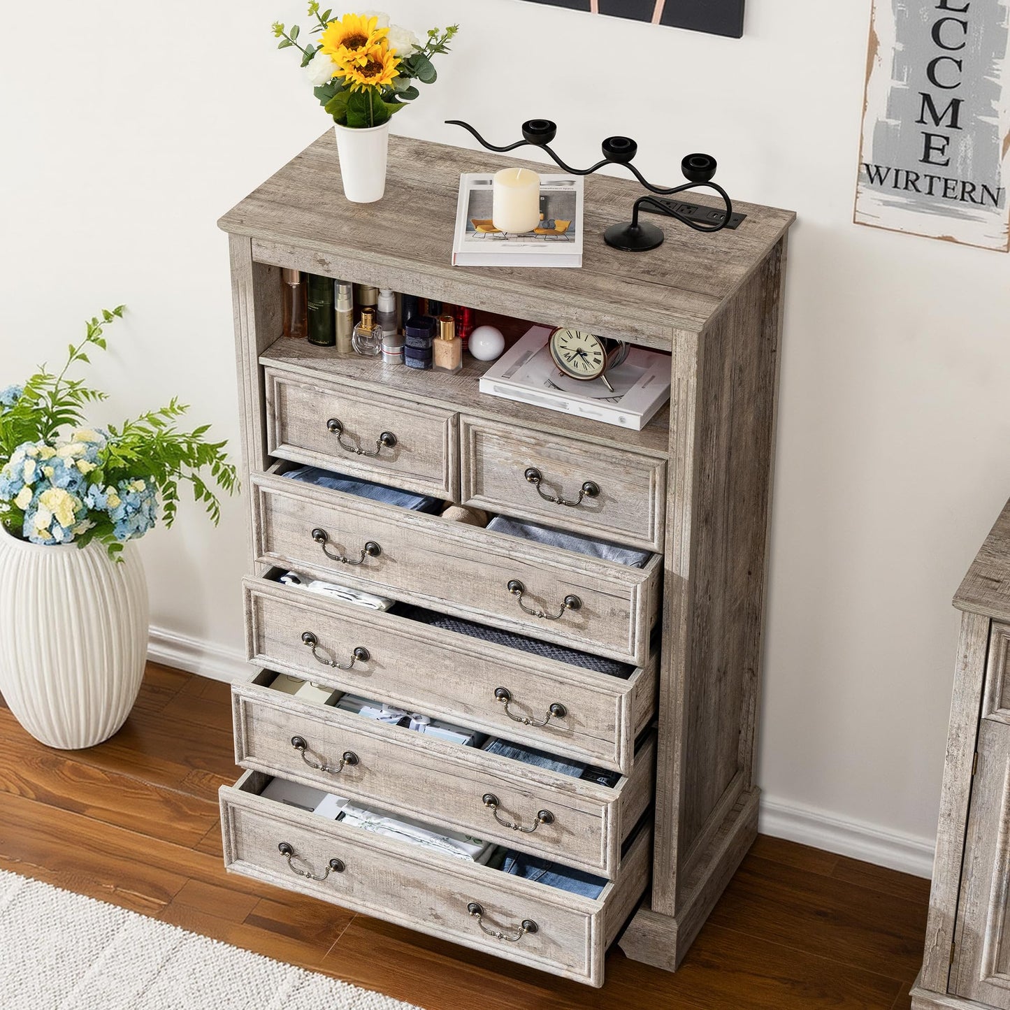 Homkdom Dresser for Bedroom with Charging Station & LED Light,Tall Dresser & Chests of Drawers with 6 Drawers,Vintage Gray