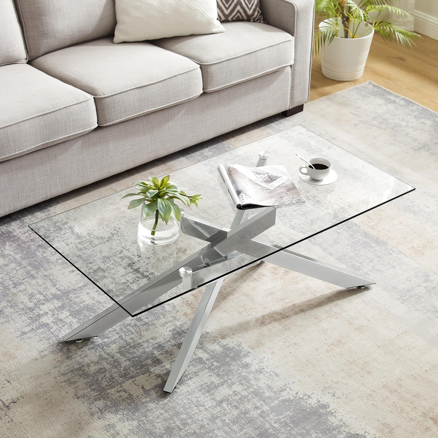 Rectangle Modern Coffee Table, Tempered Glass Top and Metal Tubular Leg, 47.3”Lx23.6”Wx18.1”H, Silver