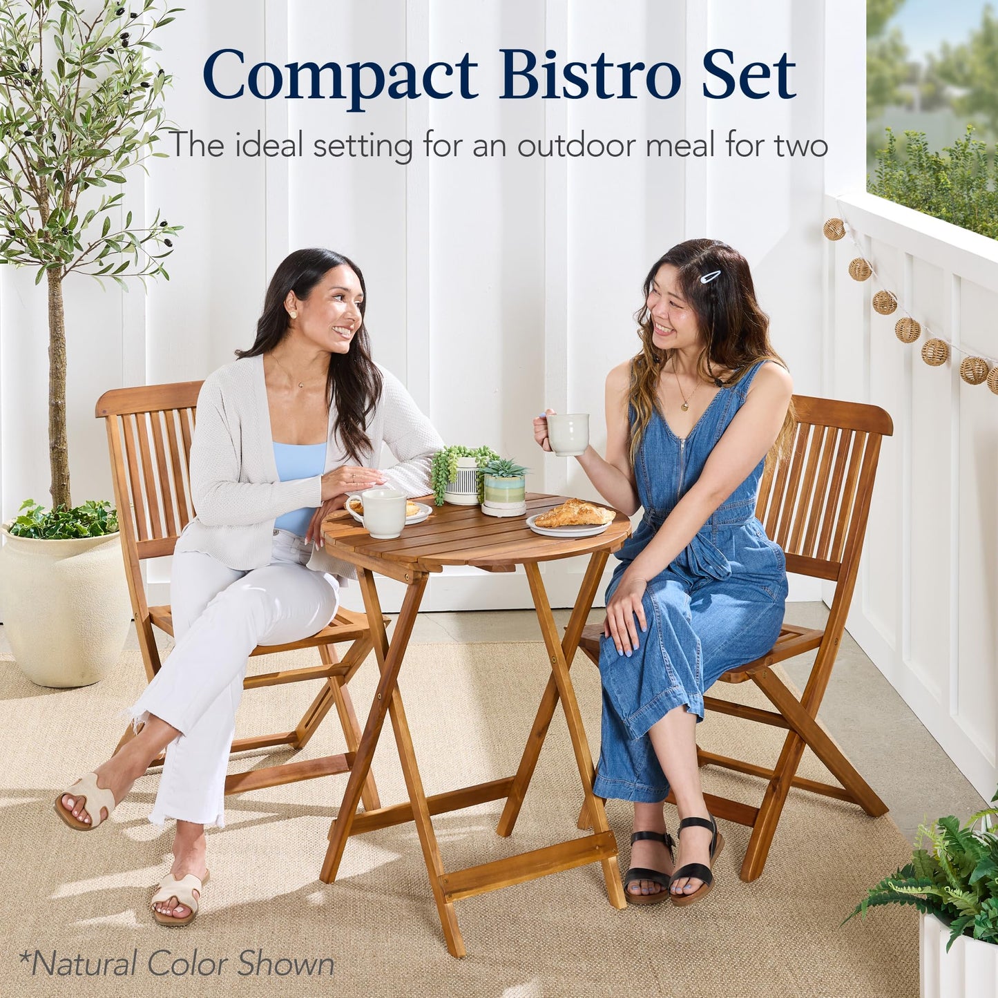 Best Choice Products 3-Piece Acacia Wood Bistro Set, Folding Patio Furniture for Backyard, Balcony, Deck w/ 2 Chairs, Round Coffee Table, Teak Finish - Ruby