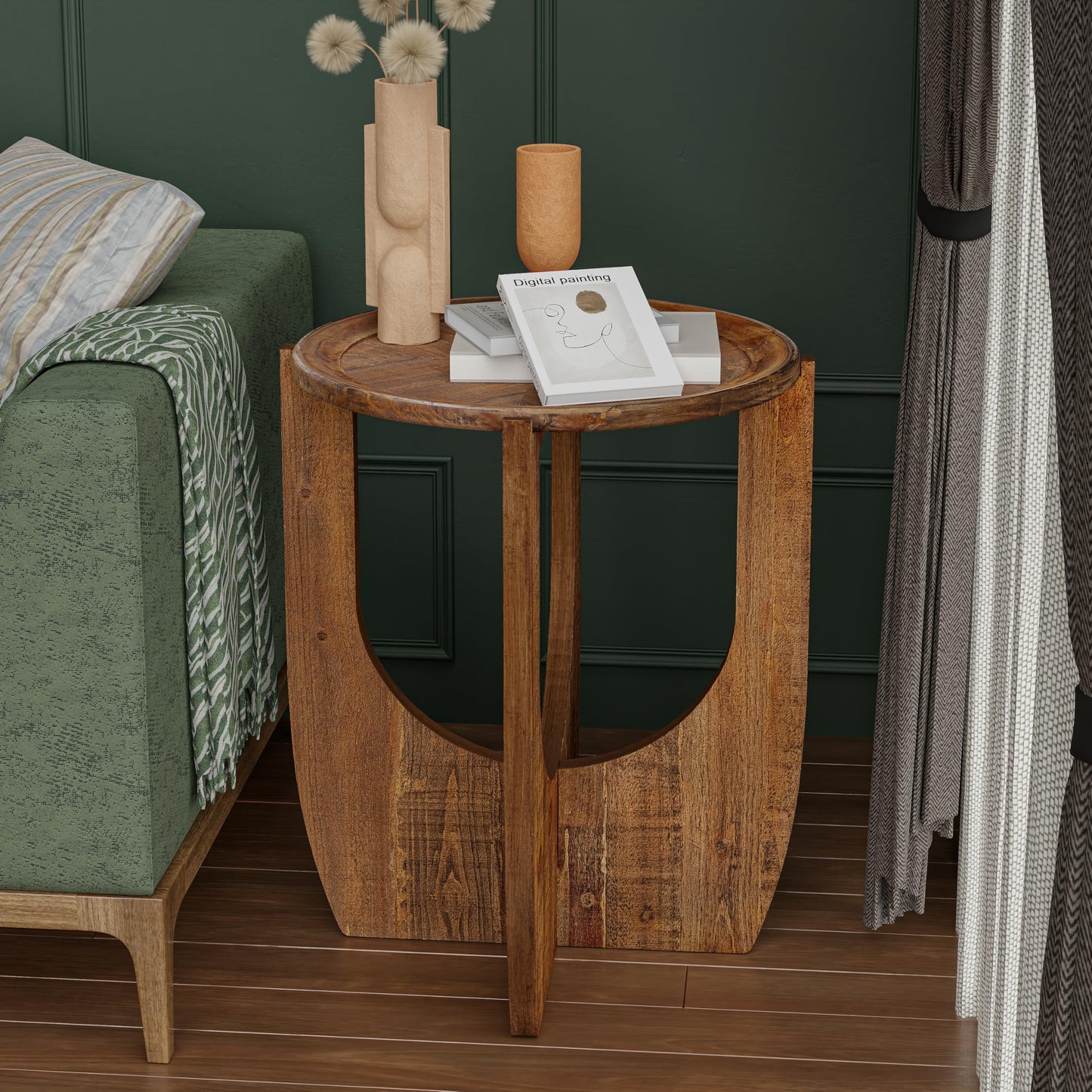 COZAYH Rustic Farmhouse End Table, French Country Accent Side Table for Family, Dinning or Living Room, Small Spaces, Modern, Round, Brown End Table