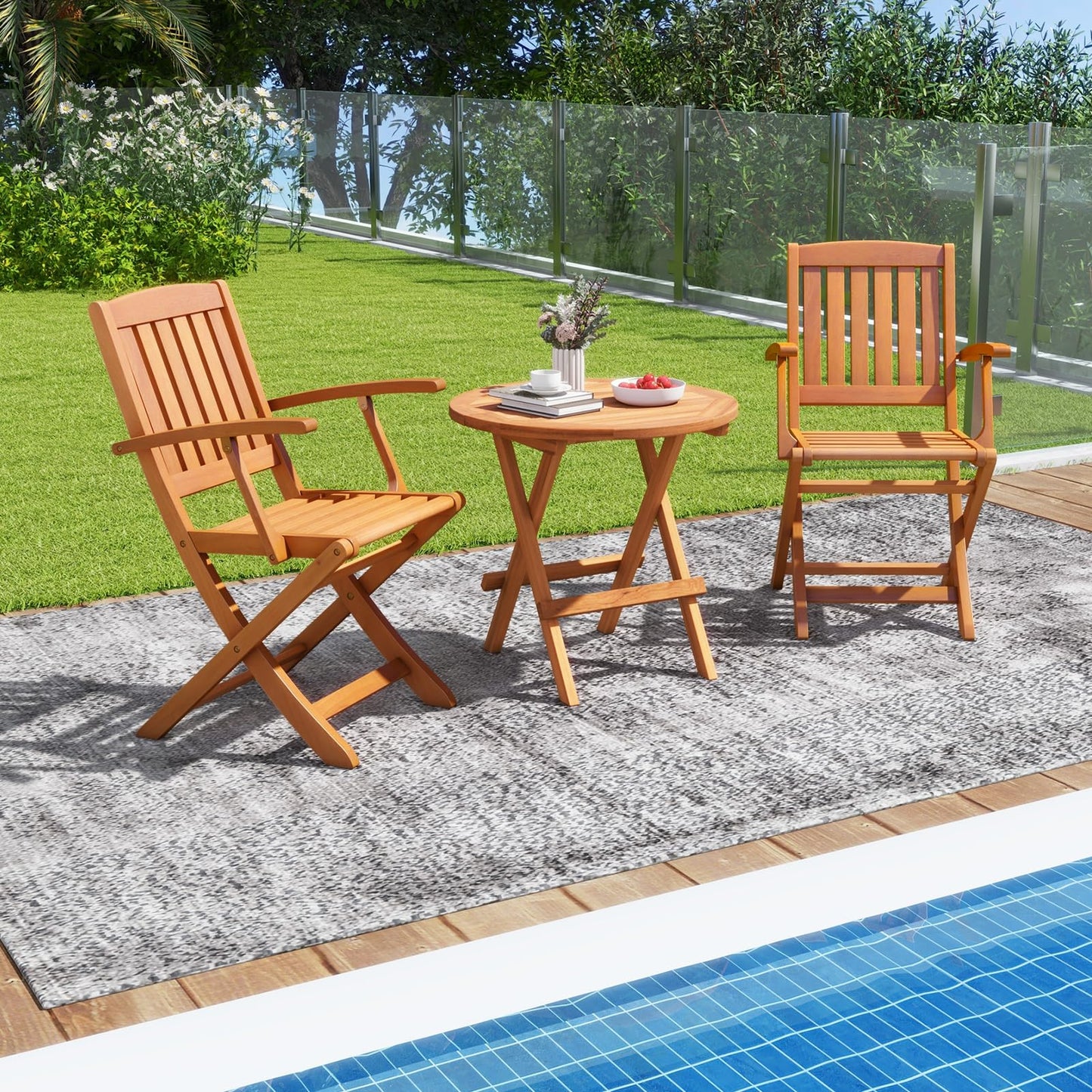 Tangkula Patio Wood Folding Chair Set of 4, Outdoor Eucalyptus Wood Dining Chairs w/Armrests & Slatted Seat, for Backyard, Porch, Poolside, Lawn, Garden, Load up to 400 LBS (2, Natural)
