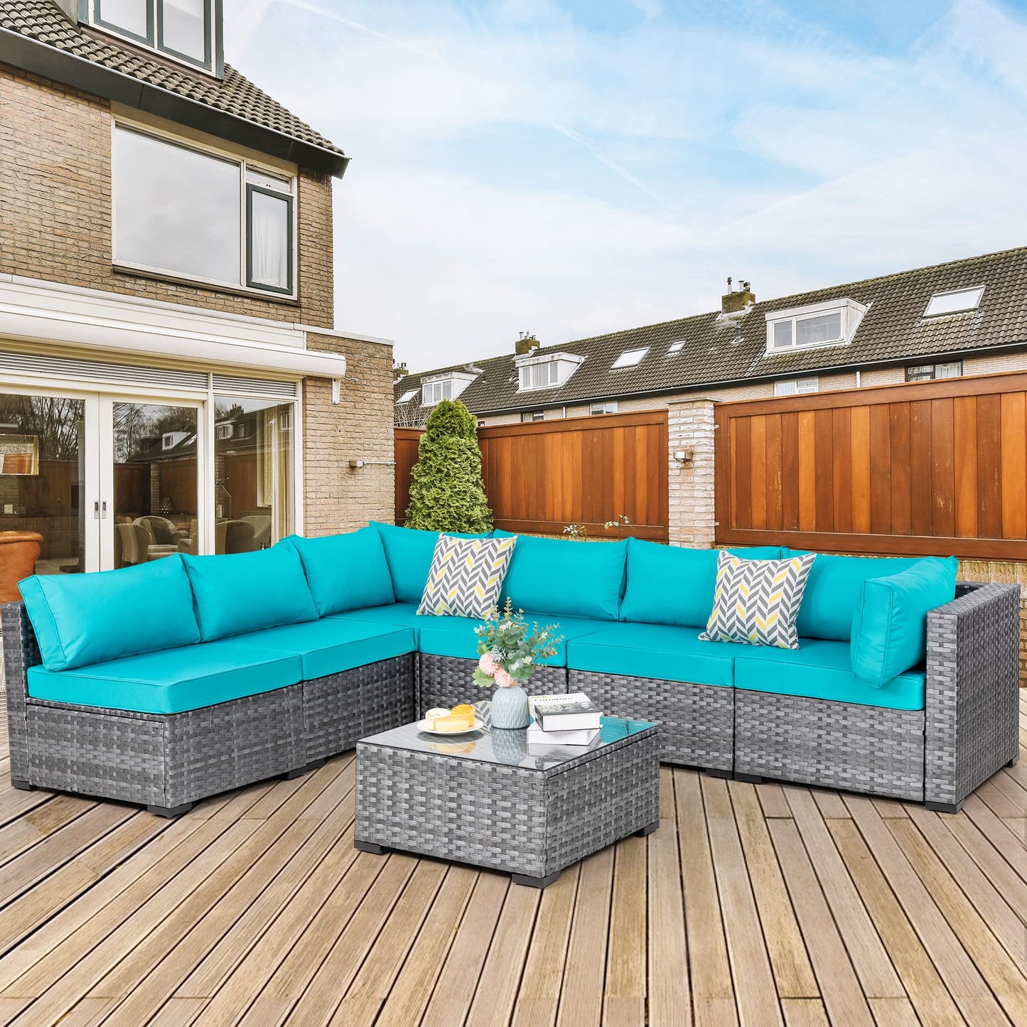JAMFLY Wicker Patio Furniture 7 Pieces Conversation Sets, Outdoor Rattan Patio Sofa Porch Furniture Set with Washable Cushions and Glass Coffee Table (Light Blue)