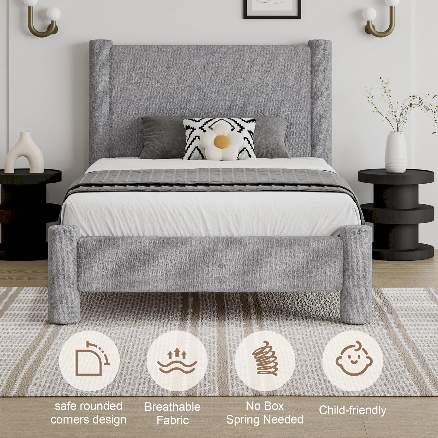 REVOMINCA Twin Size Bed Frame, Boucle Upholstered Platform Bed with Headboard and Footboard, Soft Rounded Corners, No Box Spring Required, Easy Assembly, Light Grey
