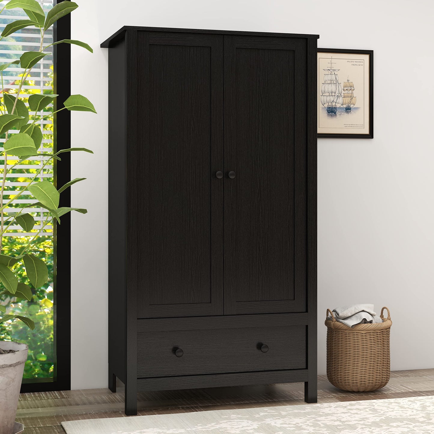 Panana Modern Wooden 2 Doors Wardrobe Double Wardrobe with 1 Storage Drawer Armoires Clothing Storage Cabinet for Bedroom (Black)