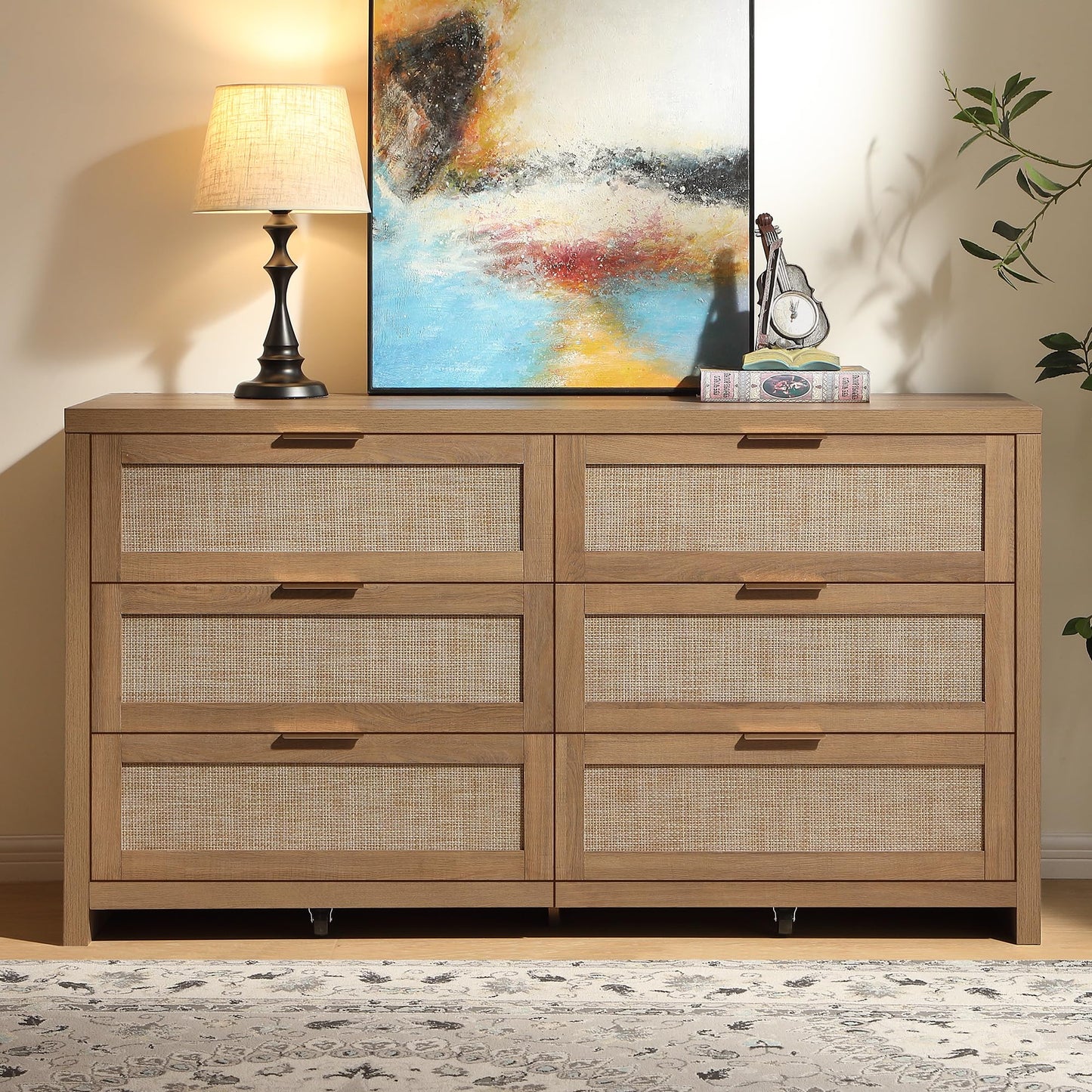 SICOTAS Rattan Dresser for Bedroom, 56.9" Wide 6 Drawer Dresser with Ample Storage, Dressers Large Chest of Drawers, Closet, Boho TV Stand for Bedroom (Reclaimed Caramel Oak, 1 Piece)
