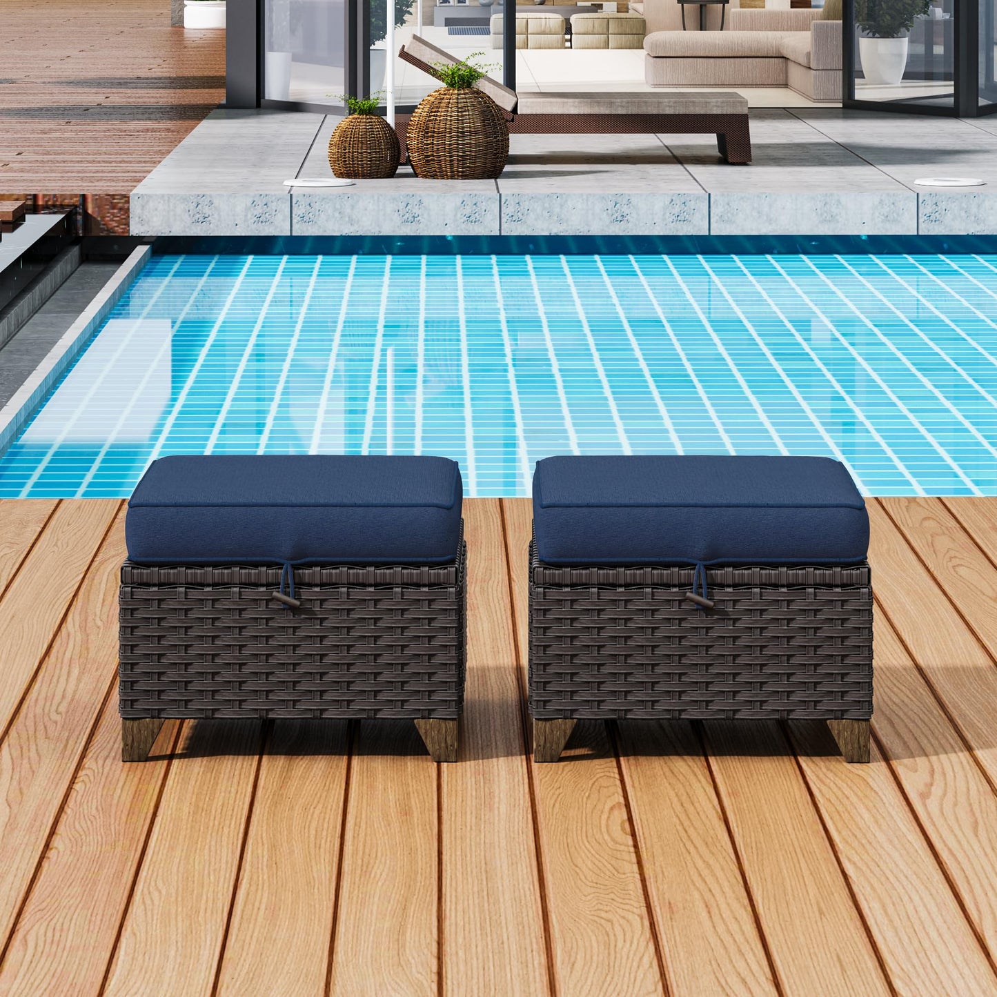 MeetLeisure 2 Pieces Patio Outdoor Ottomans with Removable and Washable Covers，PE Rattan Wicker Footstools for Porch, Garden, Sunroom (Navy Blue)