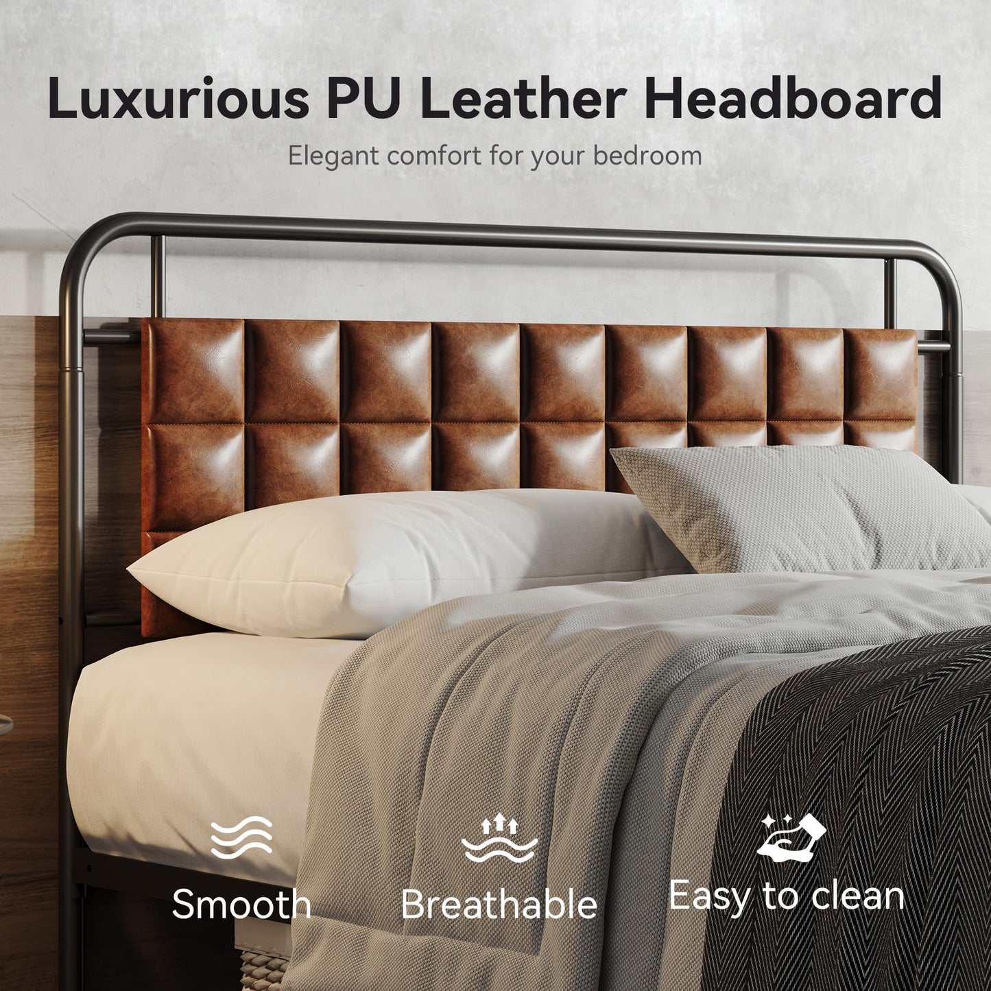Susalt PU Leather Queen Bed Frame, Queen Size Metal Platform Beds with Upholstered Headboard & Footboard, 12" Underbed Storage Space, Easy Assembly, Noise-Free, No Box Spring Needed, Brown