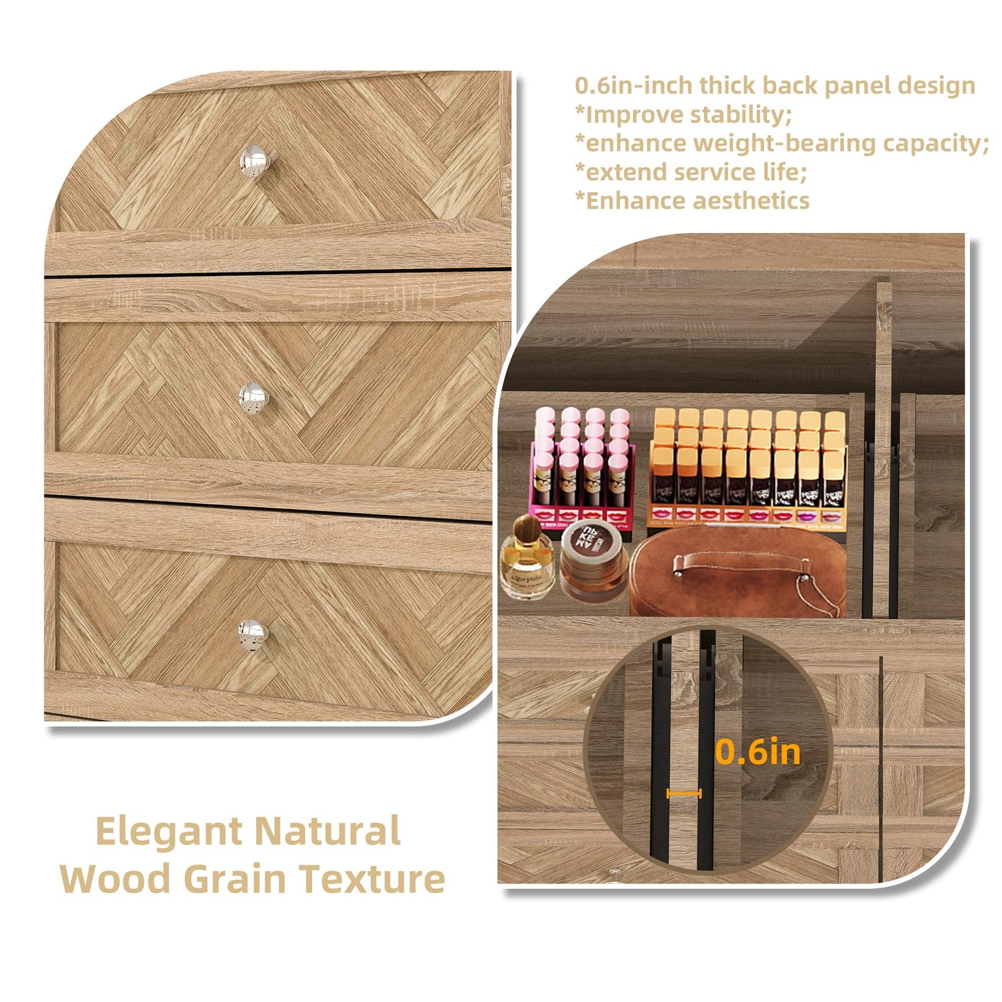 HXZDZ 3 Pieces Bedroom Set with 6 Drawer Dresser and 2 Drawer Nightstands, Wooden Dresser and Nightstands for Bedroom, Natural Wood Grain